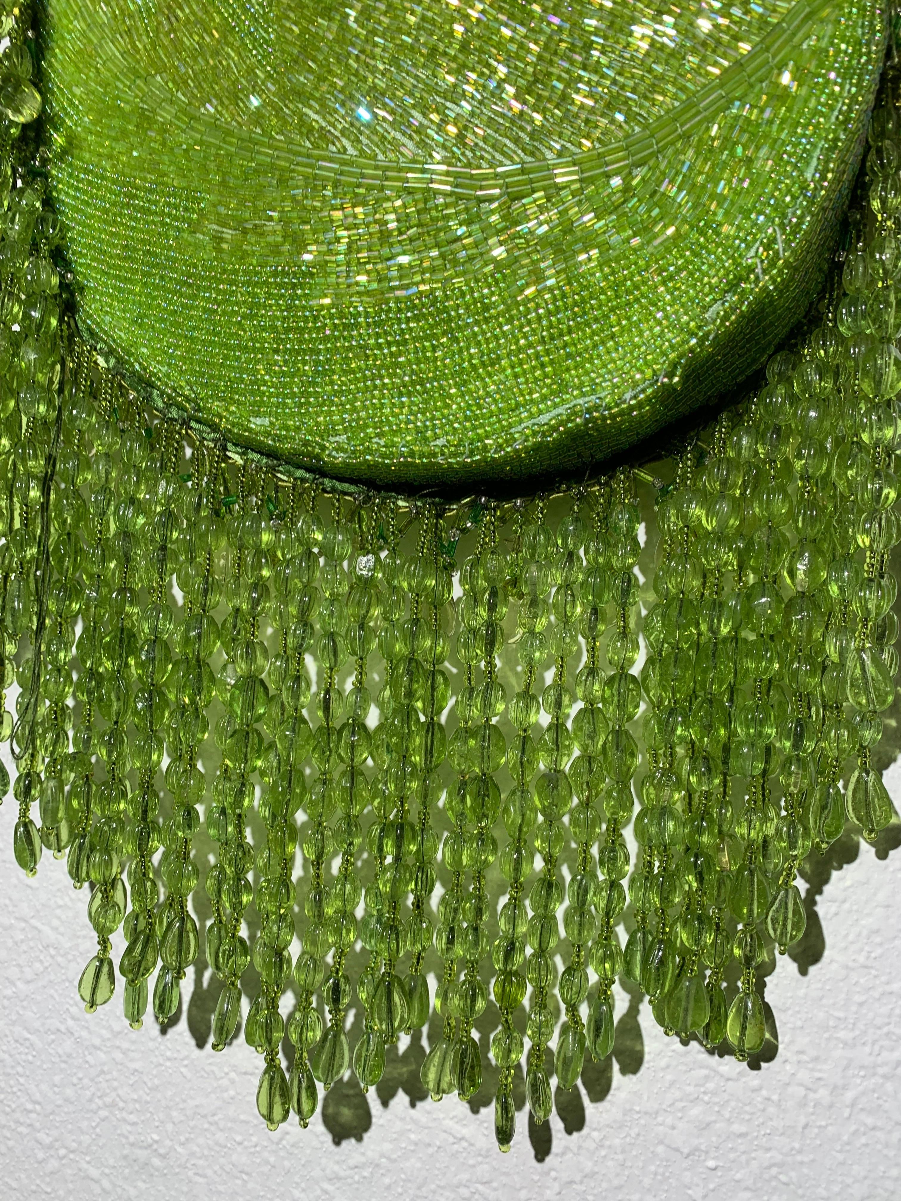 Green Chartreuse Bugle-Beaded Shoulder Bag w/ Exquisite Glass Beaded Fringe