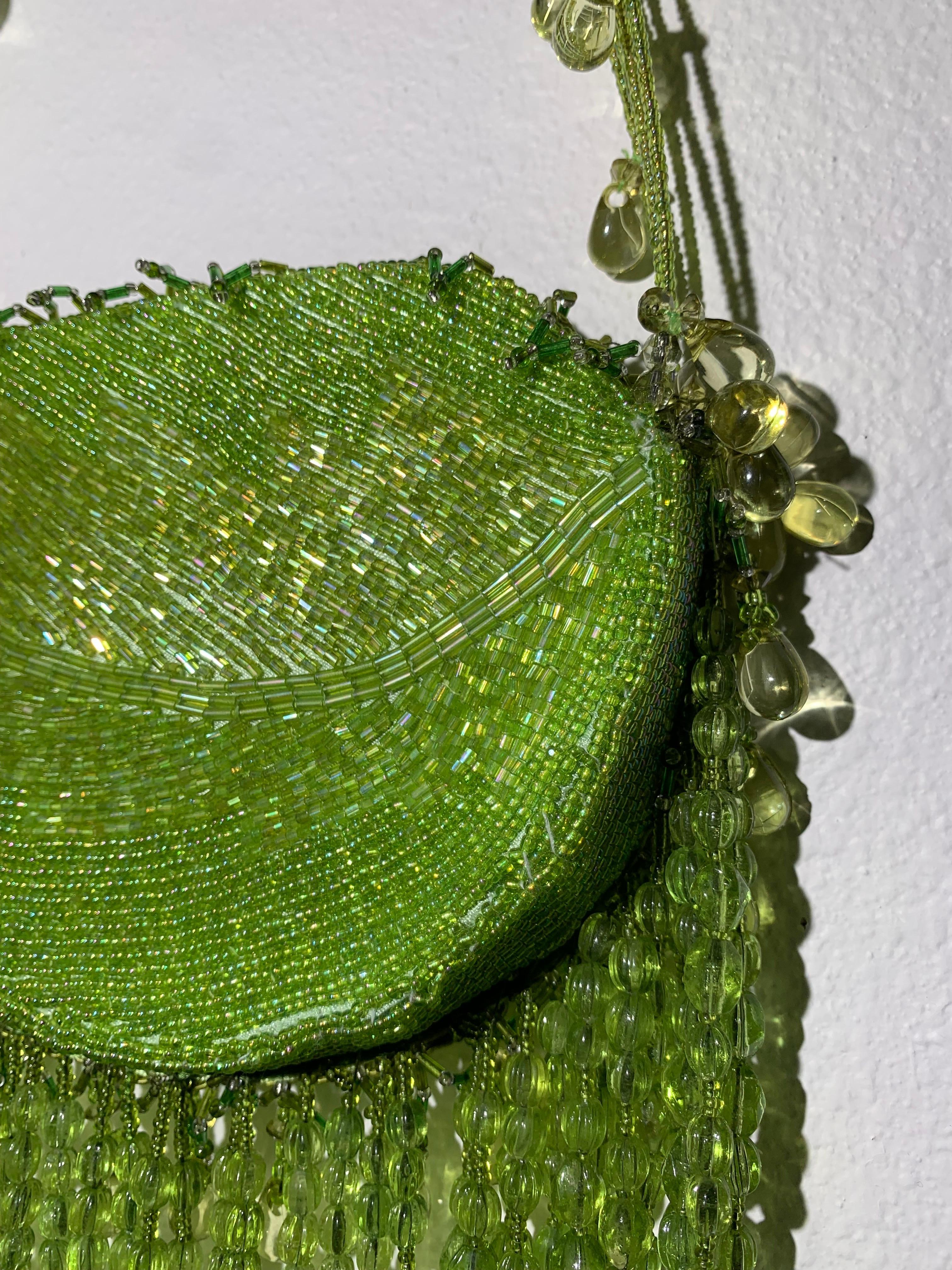 Chartreuse Bugle-Beaded Shoulder Bag w/ Exquisite Glass Beaded Fringe In Excellent Condition In Gresham, OR