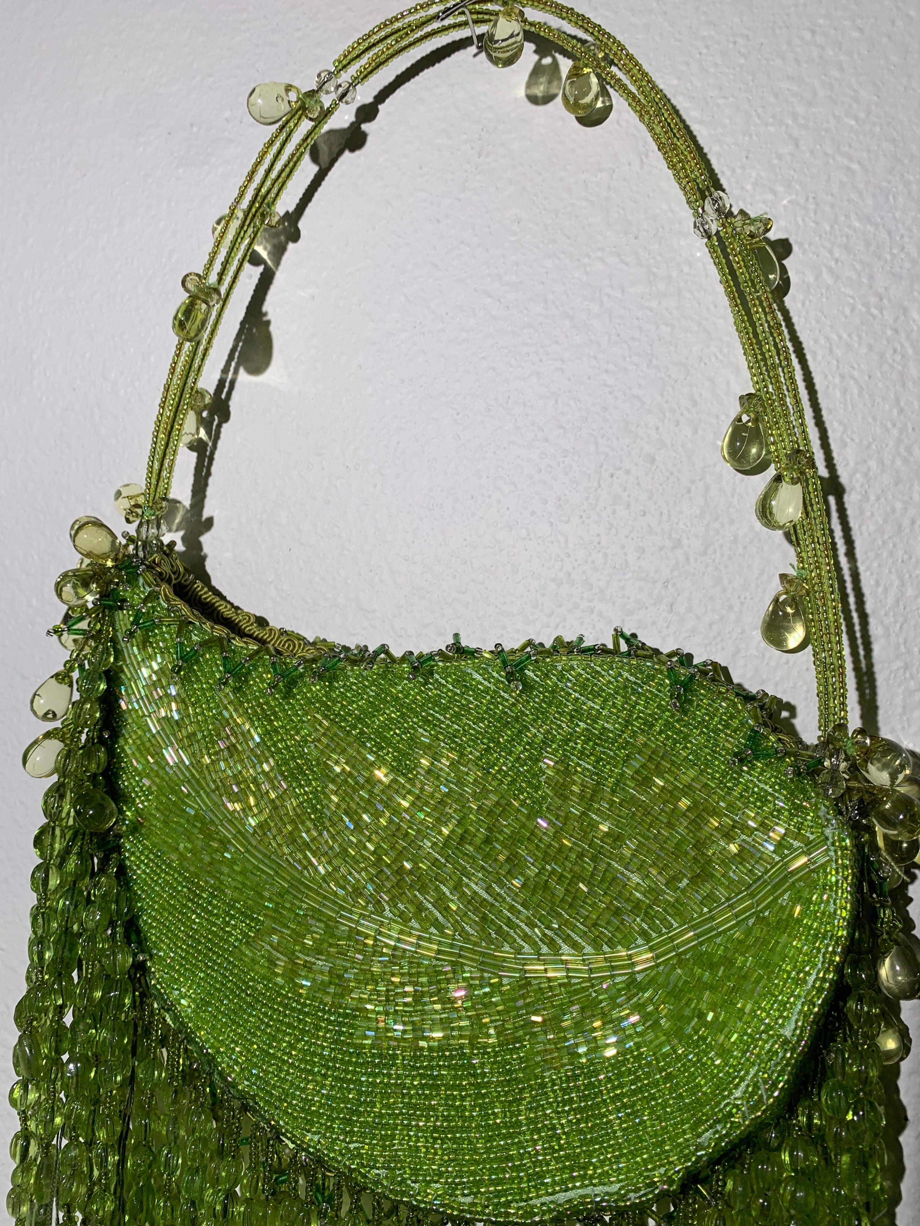 Women's Chartreuse Bugle-Beaded Shoulder Bag w/ Exquisite Glass Beaded Fringe