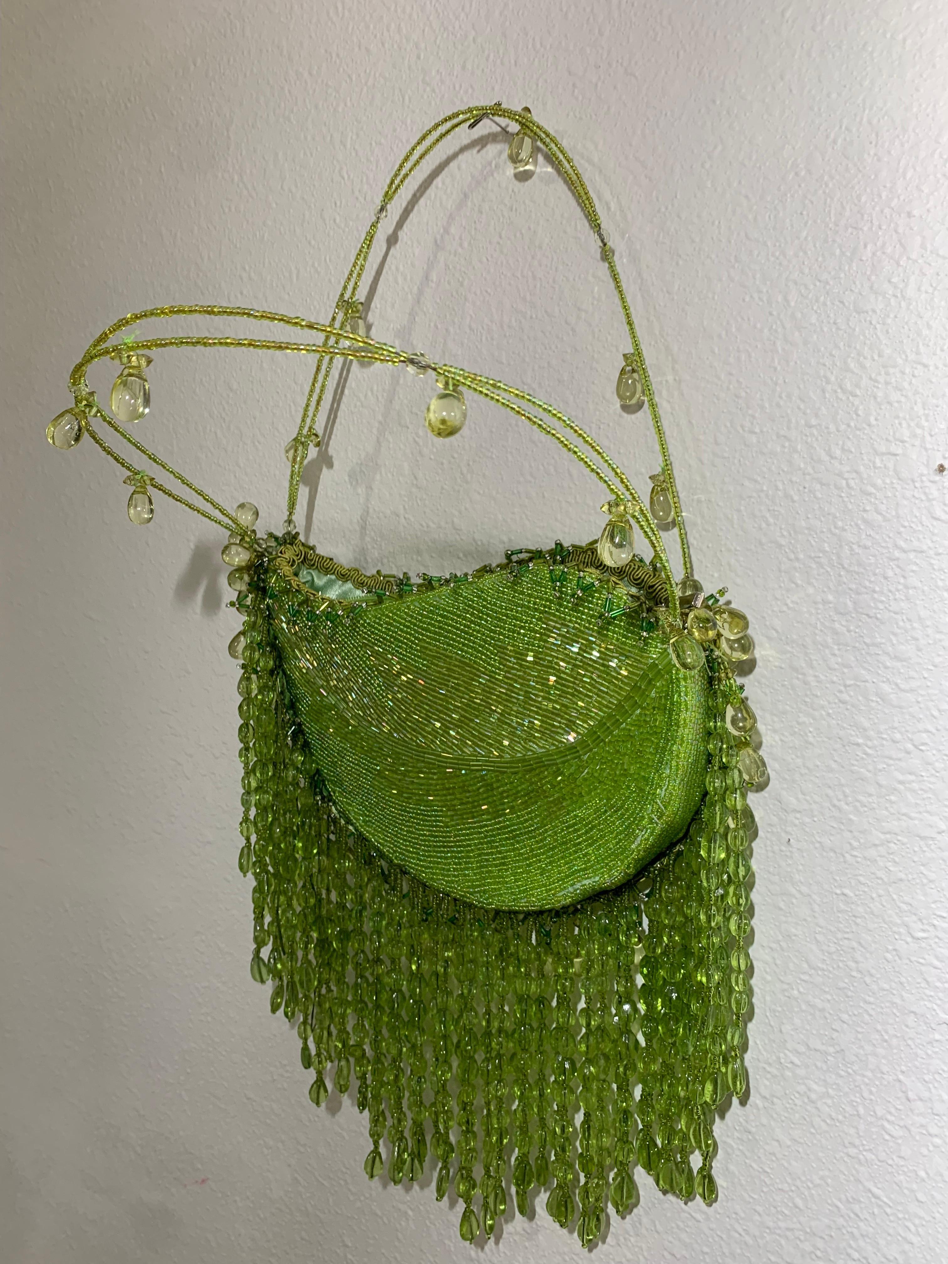 Chartreuse Bugle-Beaded Shoulder Bag w/ Exquisite Glass Beaded Fringe 1