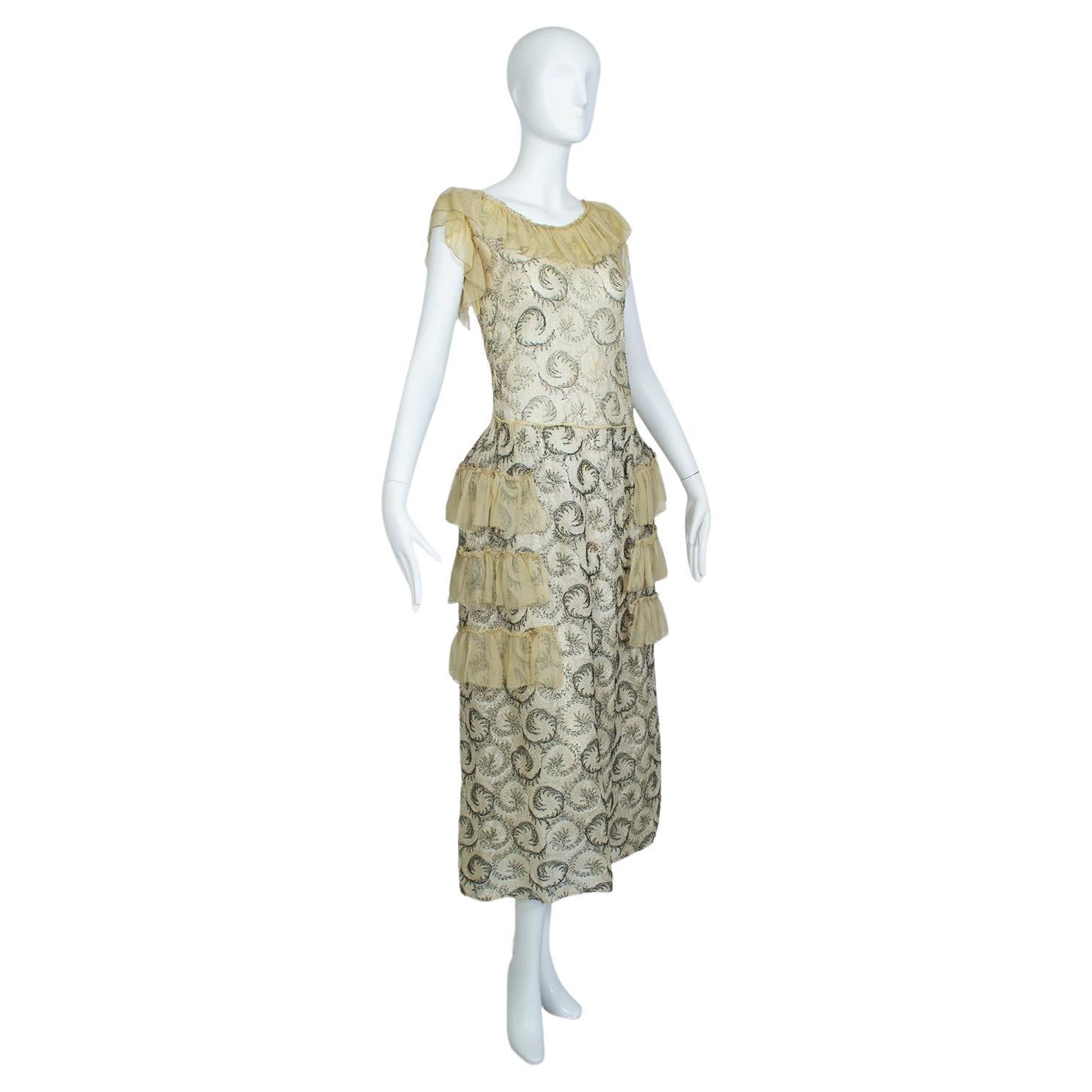 Chartreuse Edwardian Chiffon Robe de Style with Scrolling Embroidery - XS, 1910s