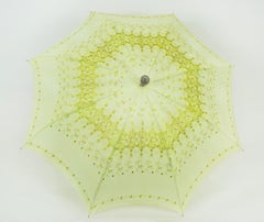 Chartreuse Embroidered Cotton Sun Parasol Umbrella w Lucite Ferrule – 28”, 1950s