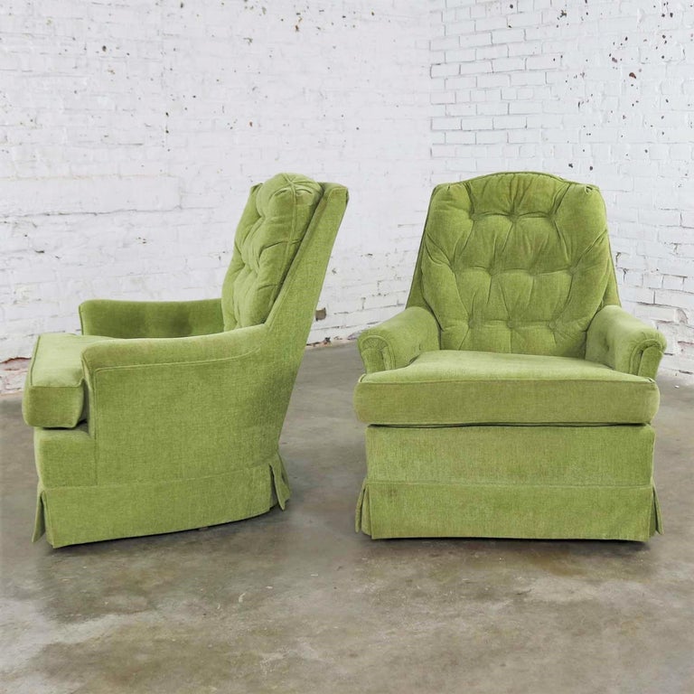 Chartreuse Green Velvet Swivel Rocking Lounge Chairs with Button Back
