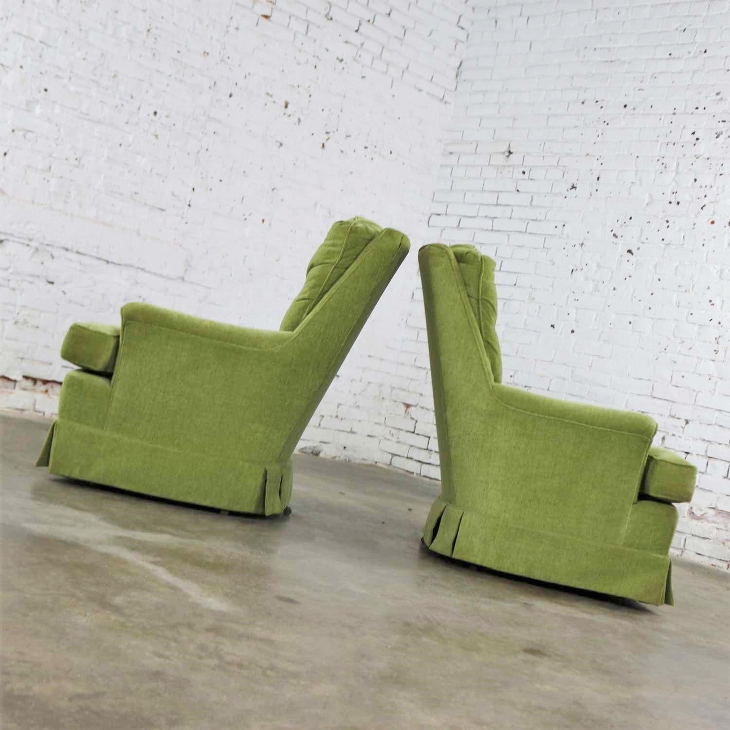 Hollywood Regency Chartreuse Green Velvet Swivel Rocking Lounge Chairs with Button Back, a Pair