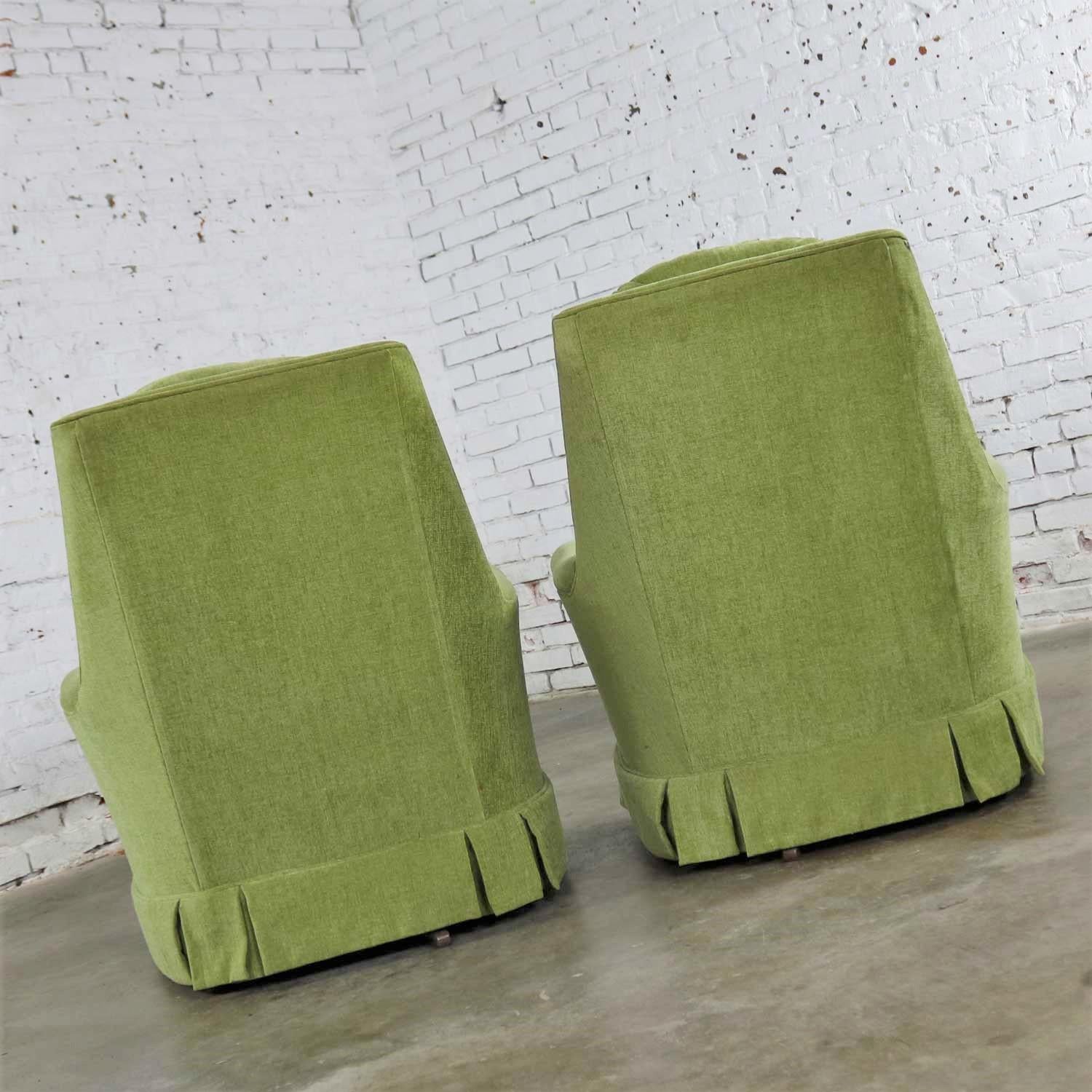 Chartreuse Green Velvet Swivel Rocking Lounge Chairs with Button Back, a Pair In Good Condition In Topeka, KS