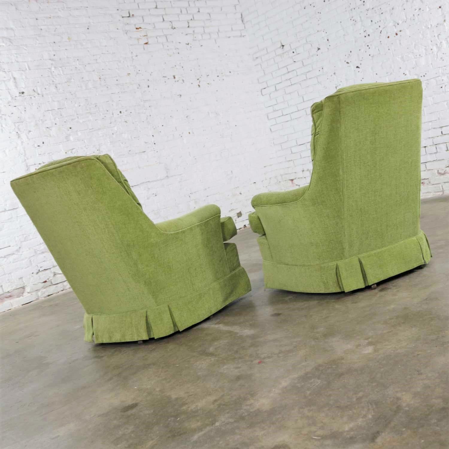 20th Century Chartreuse Green Velvet Swivel Rocking Lounge Chairs with Button Back, a Pair