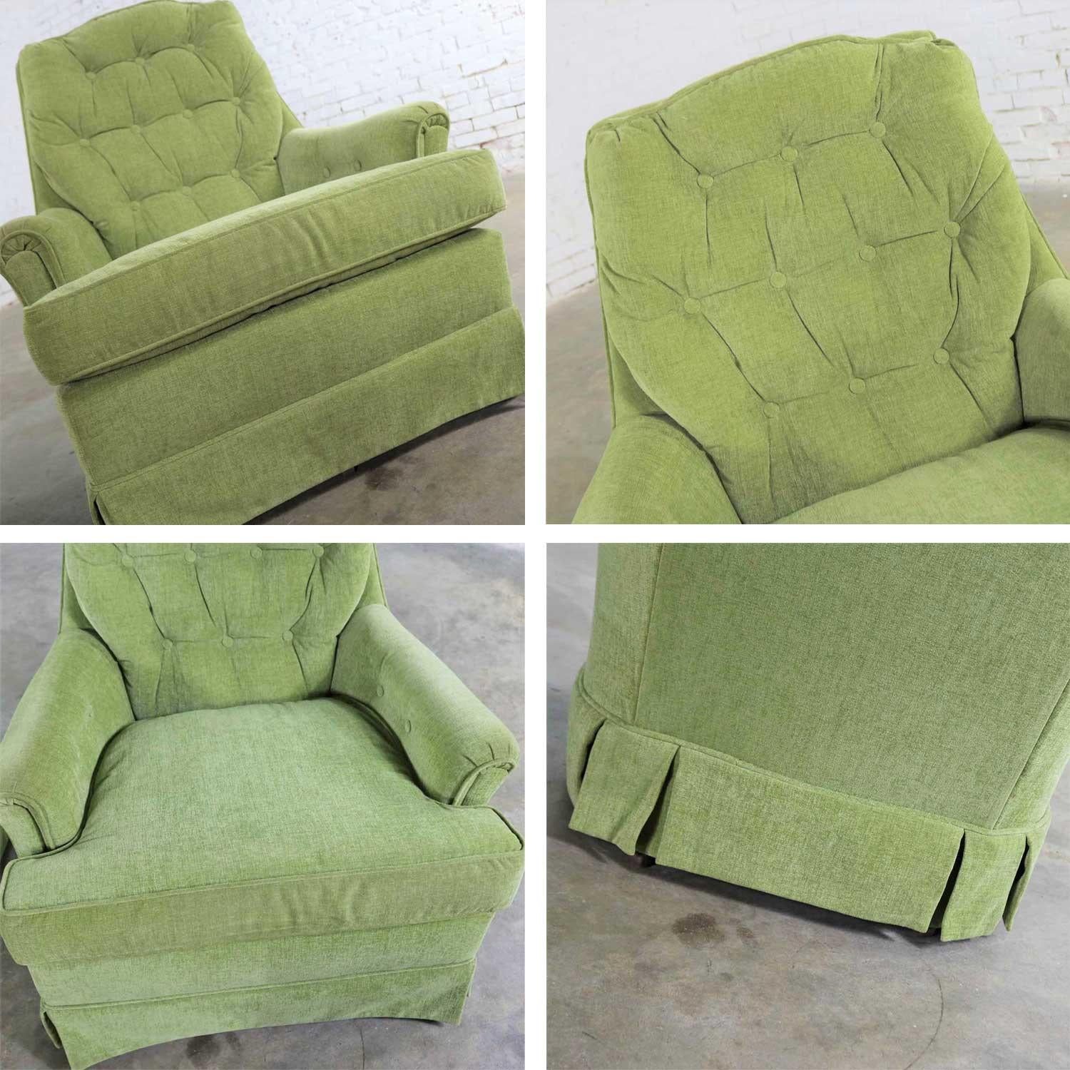 Chartreuse Green Velvet Swivel Rocking Lounge Chairs with Button Back, a Pair 1