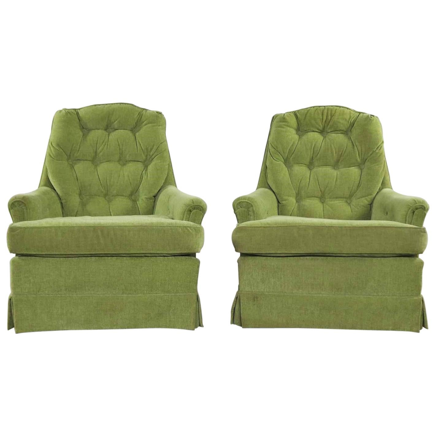 Chartreuse Green Velvet Swivel Rocking Lounge Chairs with Button Back, a Pair