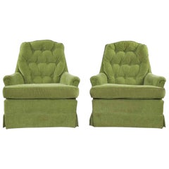 Chartreuse Green Velvet Swivel Rocking Lounge Chairs with Button Back, a Pair