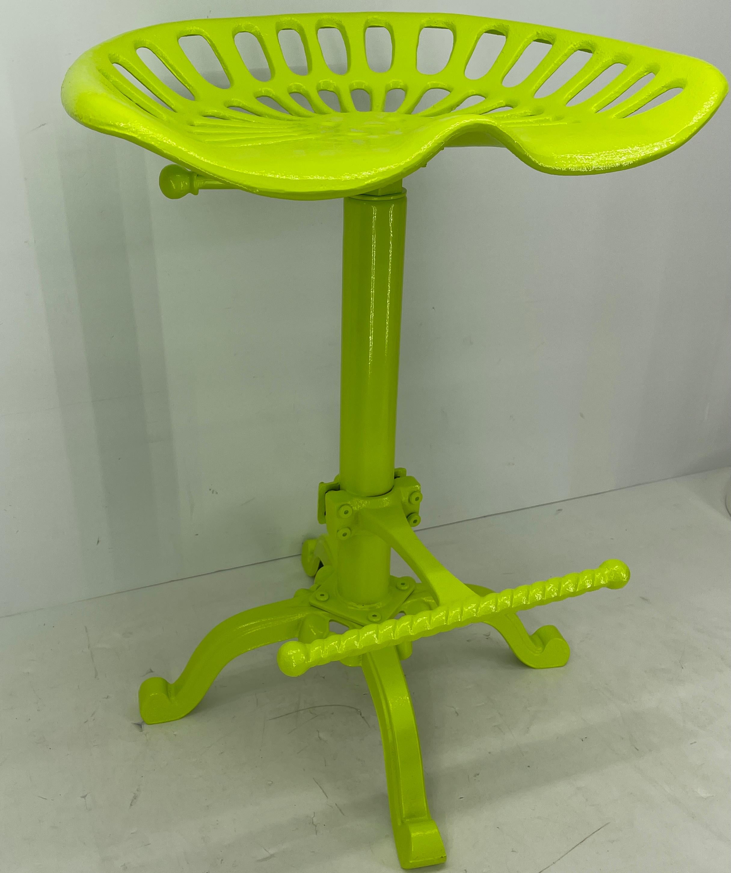 American Vintage Industrial Metal Tractor Seat Stool, Powder Coated Chartreuse For Sale