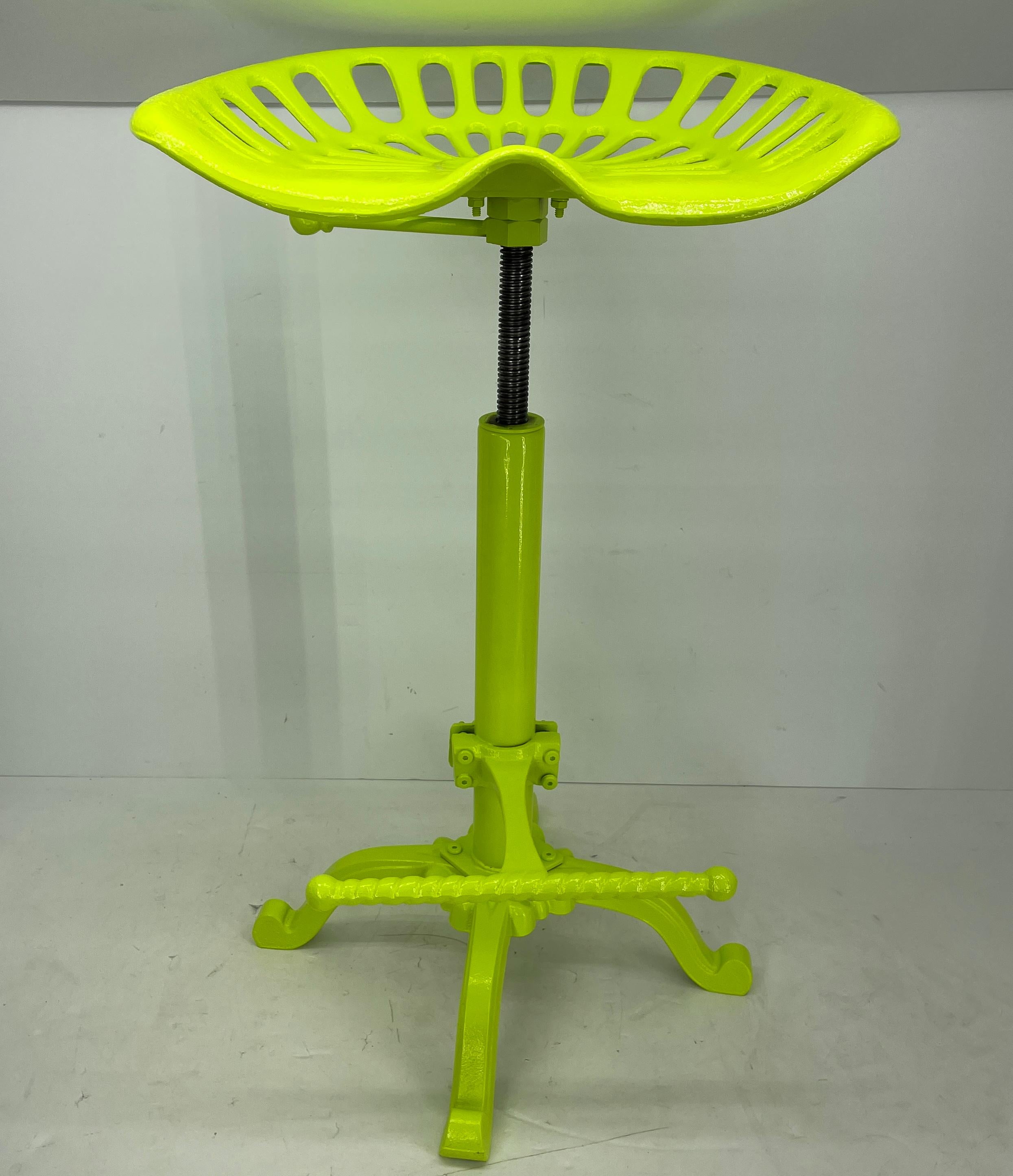 Powder-Coated Vintage Industrial Metal Tractor Seat Stool, Powder Coated Chartreuse For Sale