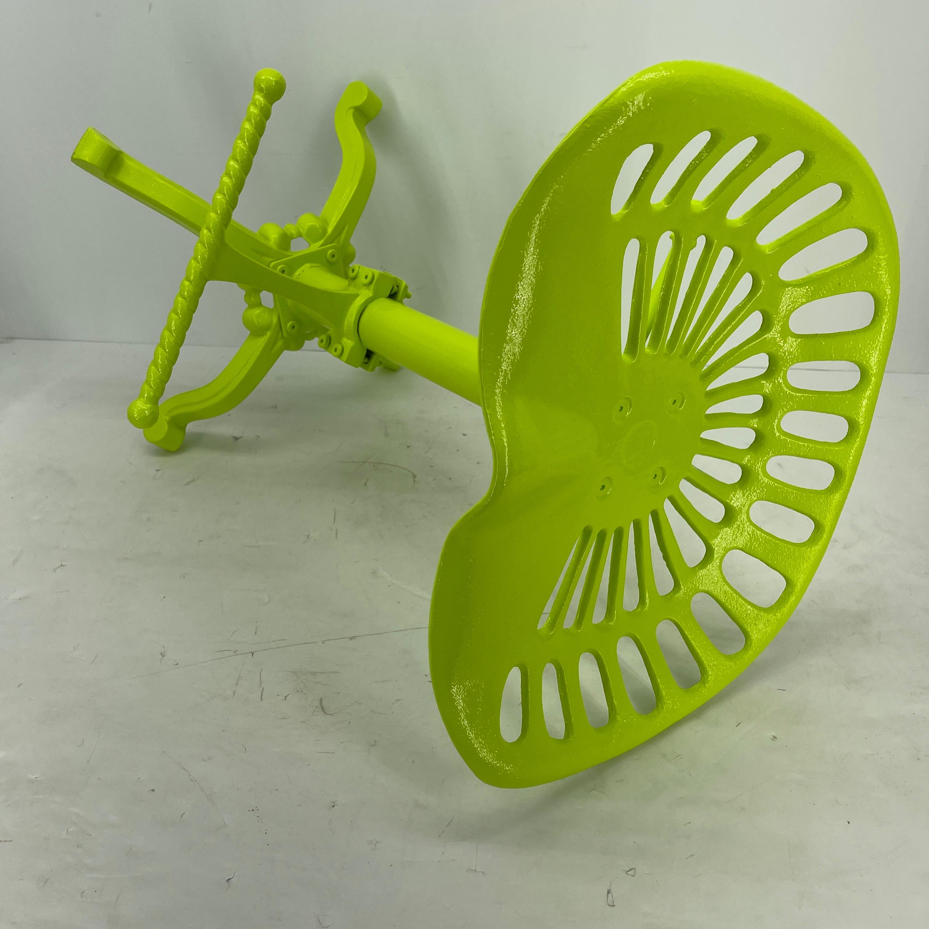 Vintage Industrial Metal Tractor Seat Stool, Powder Coated Chartreuse In Good Condition For Sale In Haddonfield, NJ