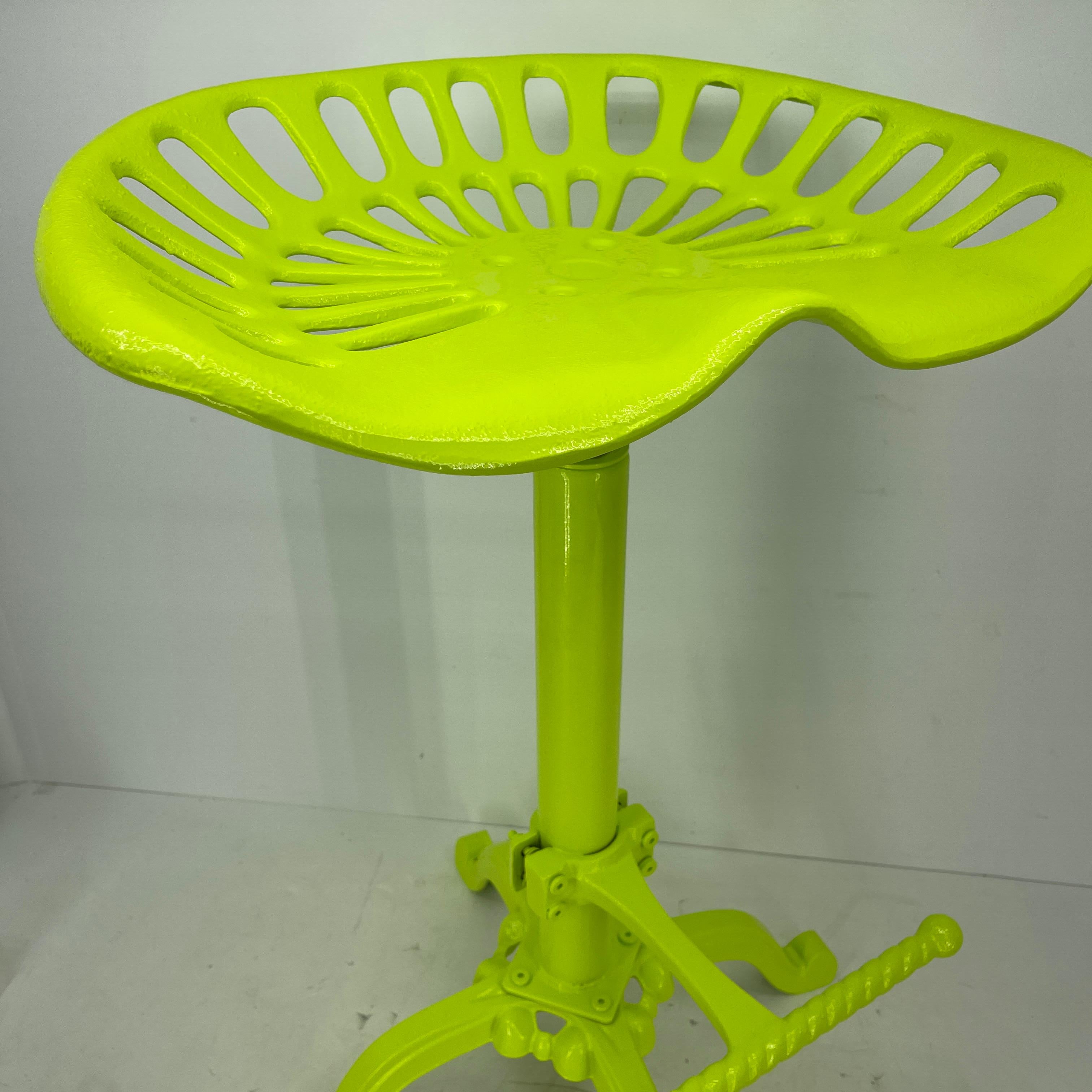 Mid-20th Century Vintage Industrial Metal Tractor Seat Stool, Powder Coated Chartreuse For Sale