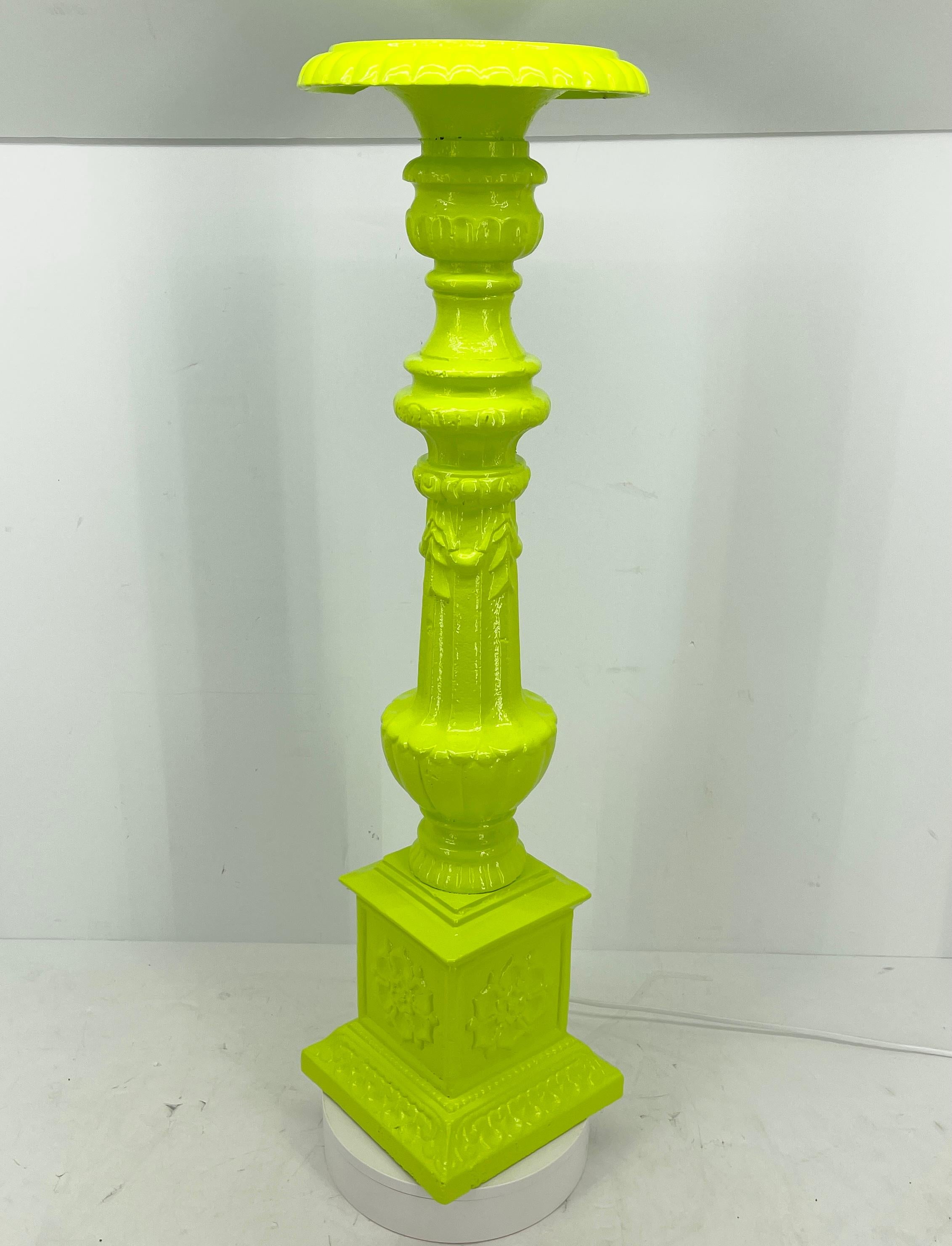 Early 1900's iron bird bath freshly powder coated in bold and bright chartreuse. Wow, this is a statement for any garden or outdoor area in a modern or classical setting. Taking a classic bird bath or pedestal and making such a bold piece is fun and