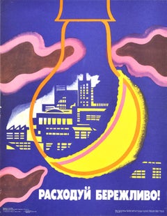 Original Retro Poster Spend Wisely Save Energy Electricity City Lights Design