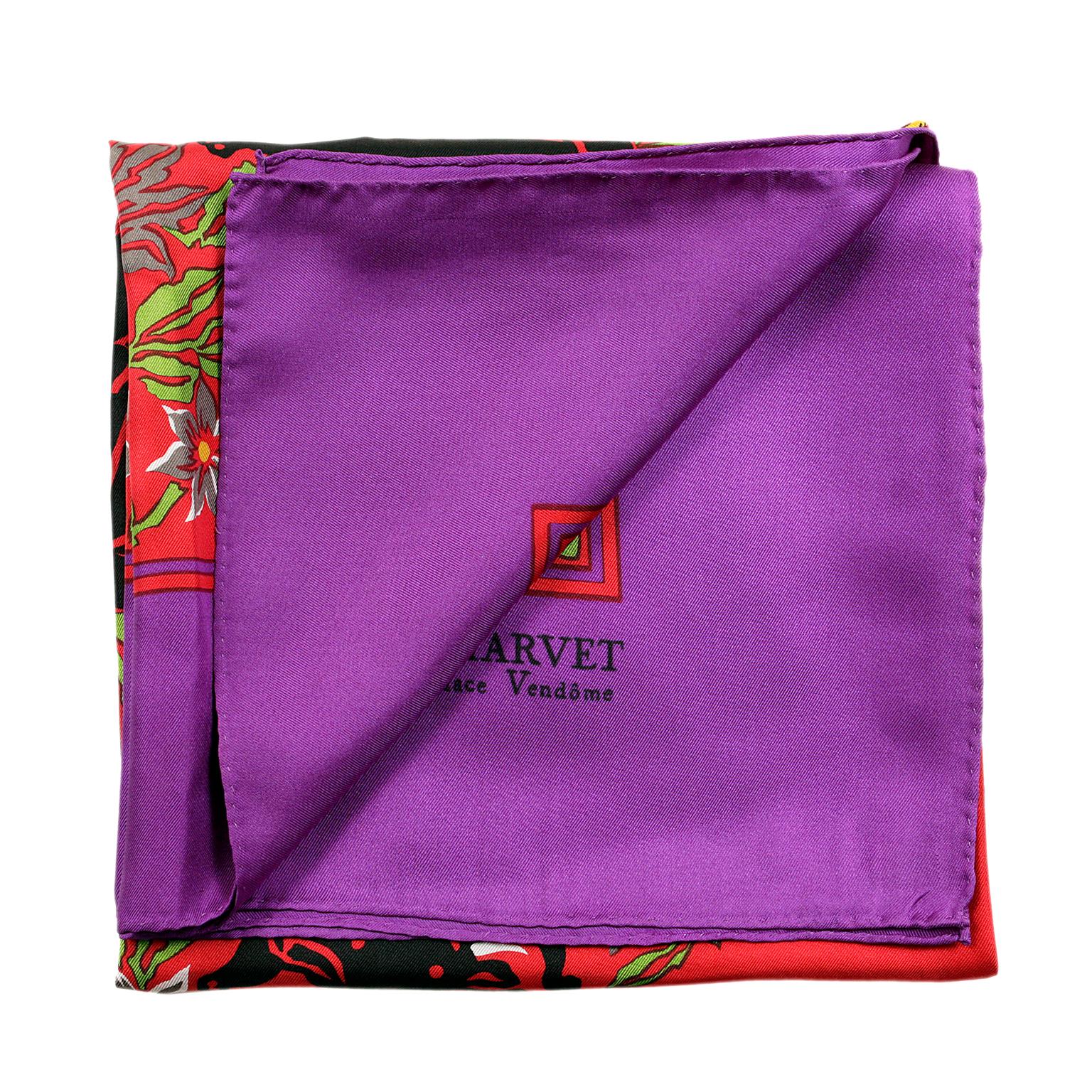 Charvet Place Vendome Silk Scarf - excellent plus condition.  
Purple border with red foreground. The design features elephants among other jungle animals.   Made in France.   
Measurements:  36” x 36”
 

