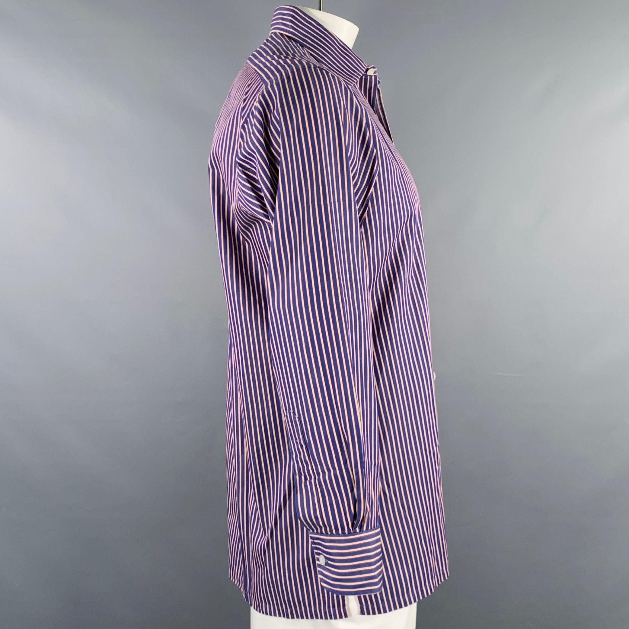 Gray CHARVET Size L Navy Red Stripe Cotton Spread Collar Long Sleeve Shirt