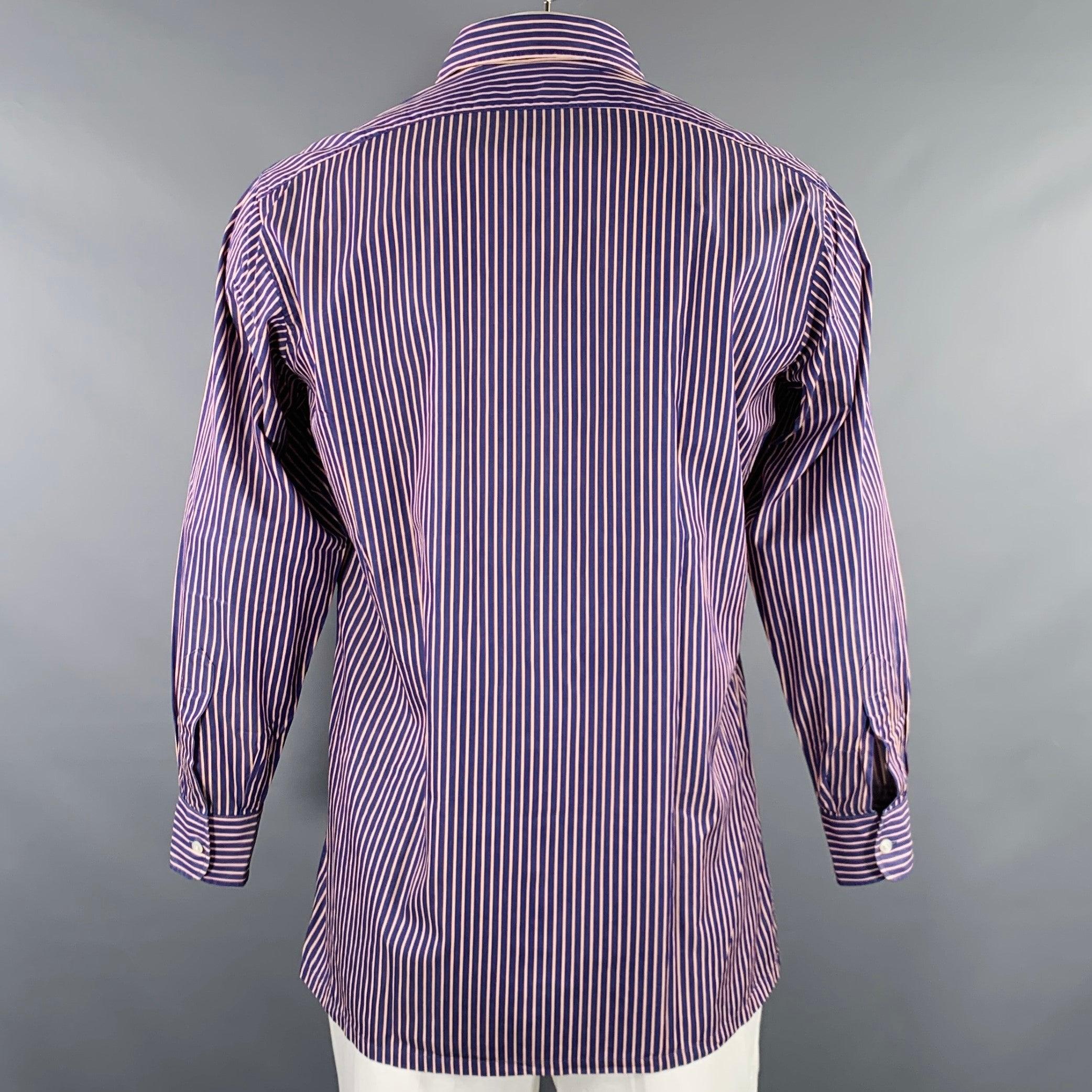 CHARVET Size L Navy Red Stripe Cotton Spread Collar Long Sleeve Shirt In Excellent Condition In San Francisco, CA