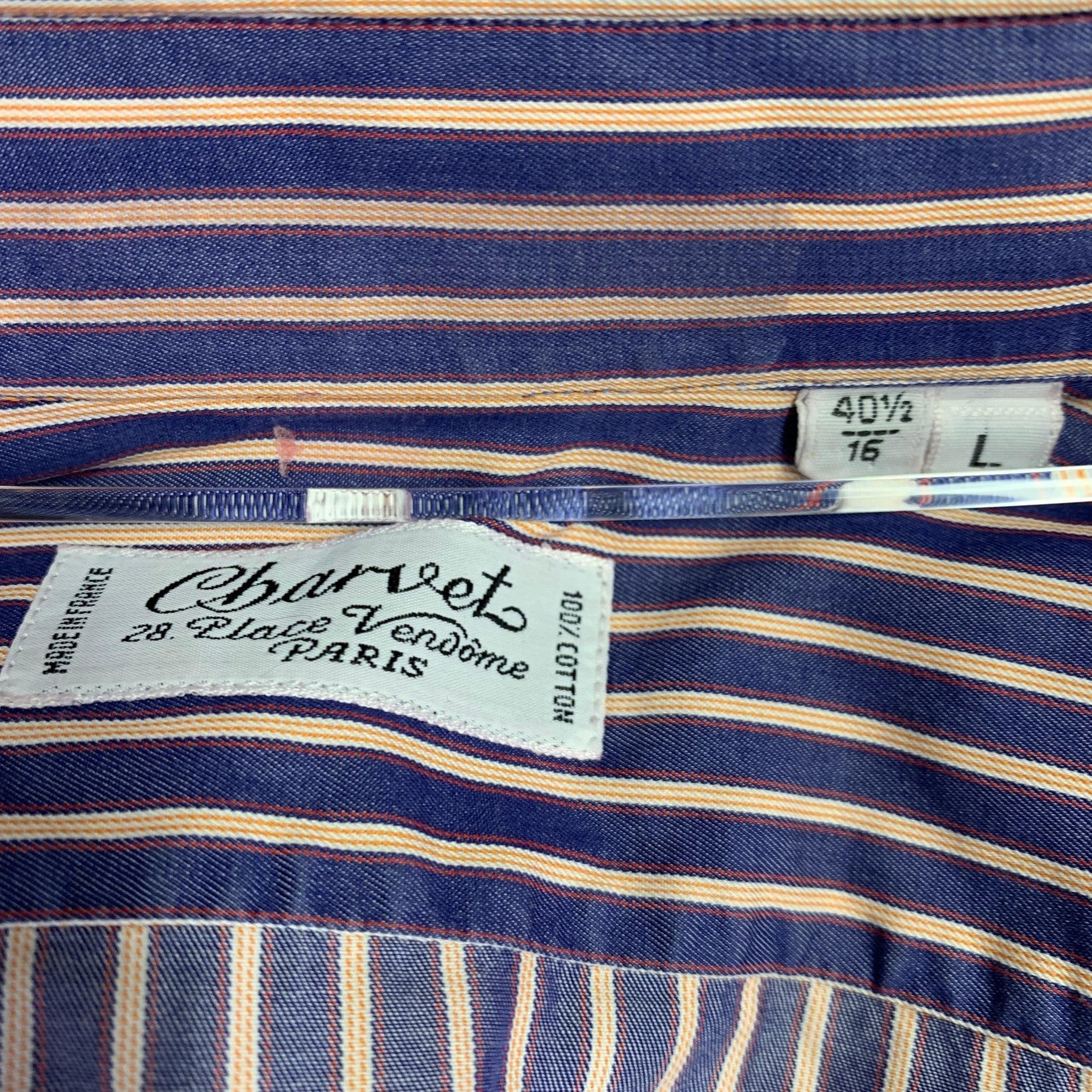 Men's CHARVET Size L Navy Red Stripe Cotton Spread Collar Long Sleeve Shirt