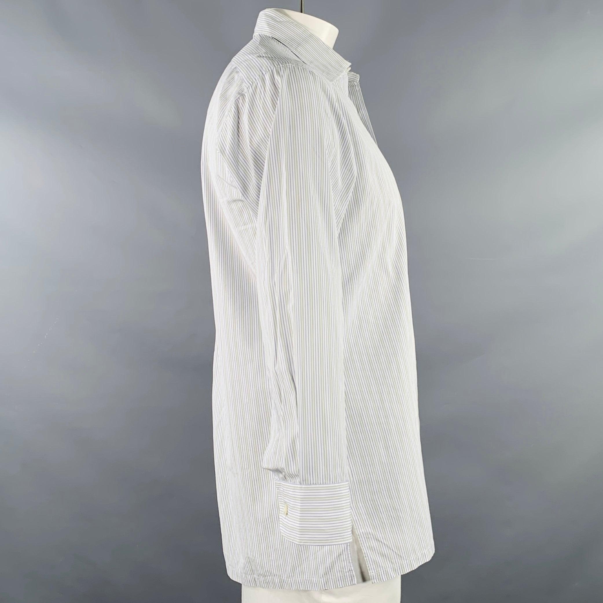 Gris CHARVET Size L White Navy Green Stripe Cotton Curved Cutaway Long Sleeve Shirt (Chemise à manches longues cintrées en coton) en vente
