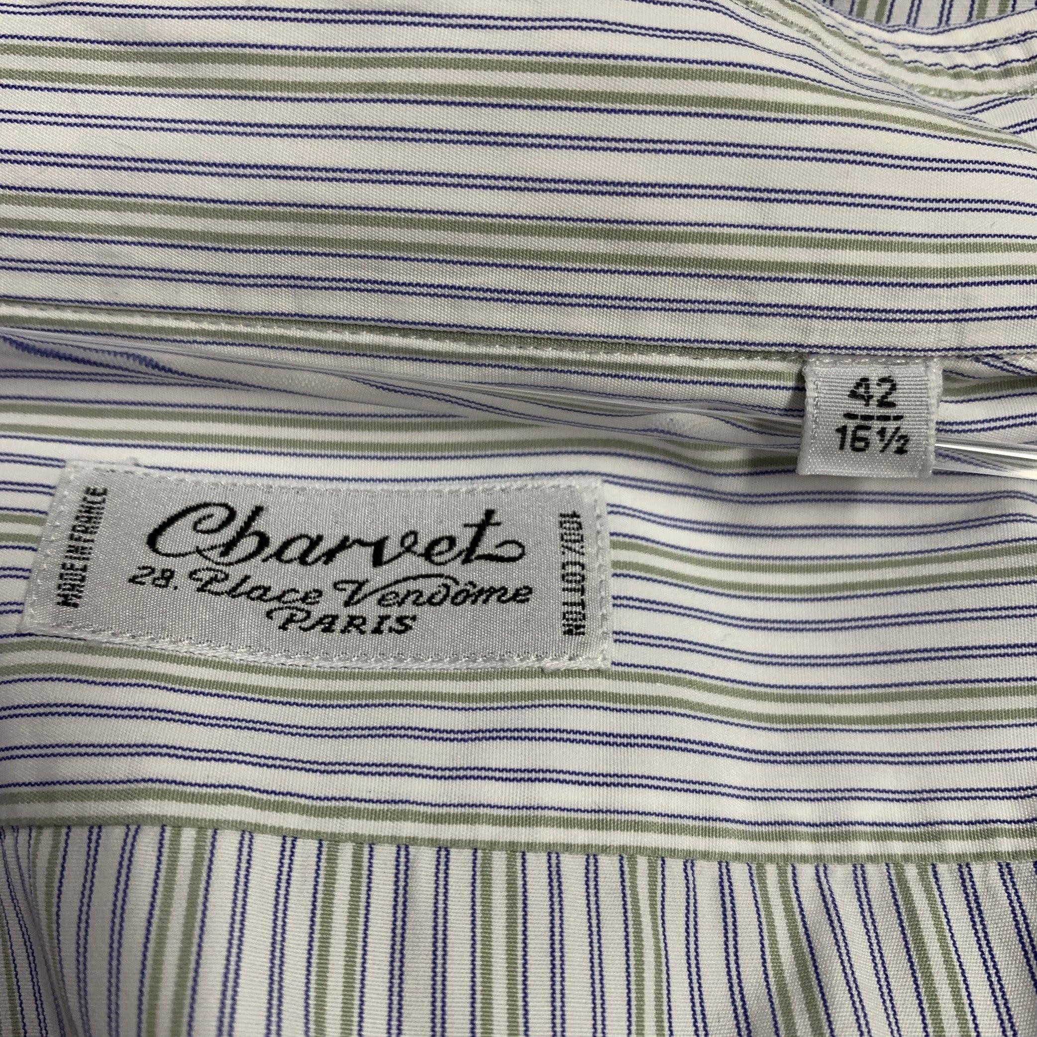 CHARVET Size L White Navy Green Stripe Cotton Curved Cutaway Long Sleeve Shirt (Chemise à manches longues cintrées en coton) en vente 1