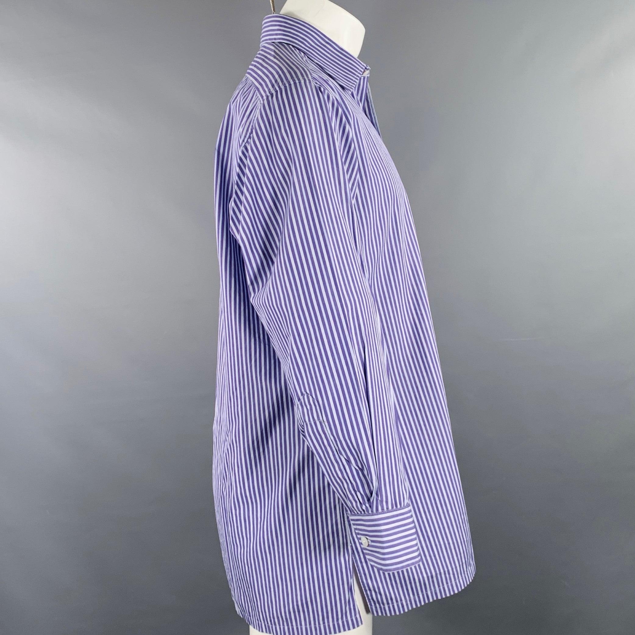 CHARVET Size M Blue Light Blue Stripe Cotton Spread Collar Long Sleeve Shirt In Excellent Condition For Sale In San Francisco, CA