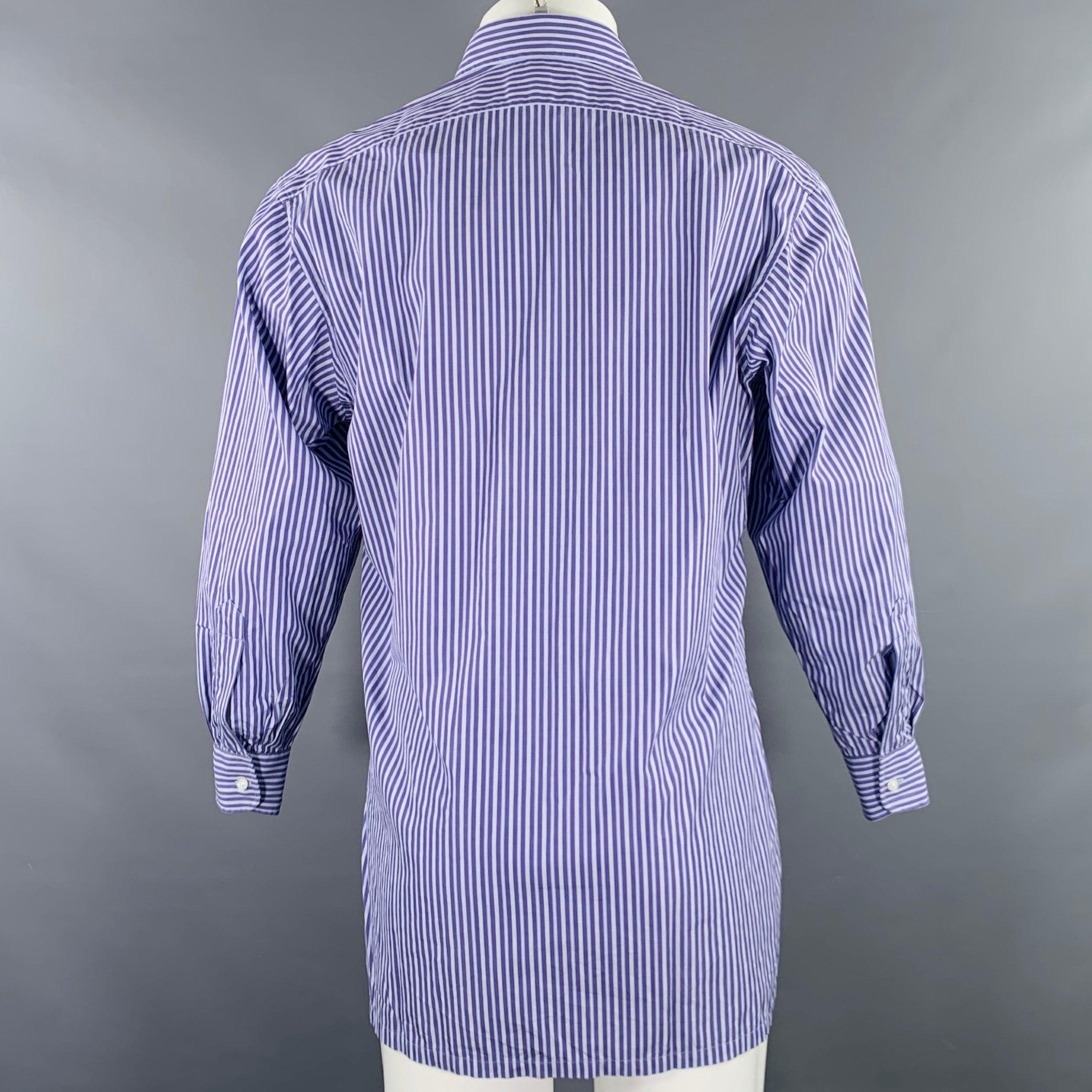 Men's CHARVET Size M Blue Light Blue Stripe Cotton Spread Collar Long Sleeve Shirt For Sale