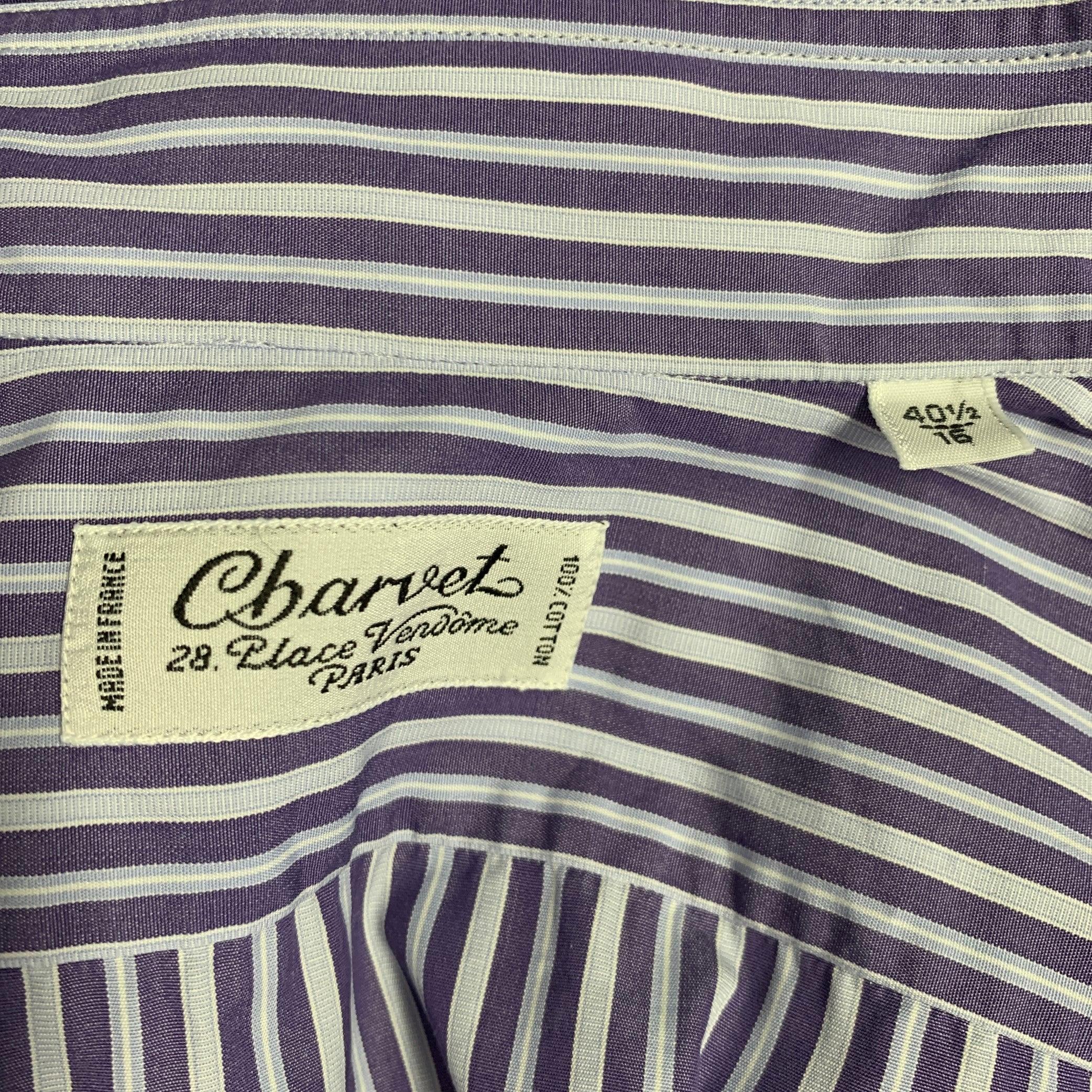 CHARVET Size M Blue Light Blue Stripe Cotton Spread Collar Long Sleeve Shirt For Sale 1