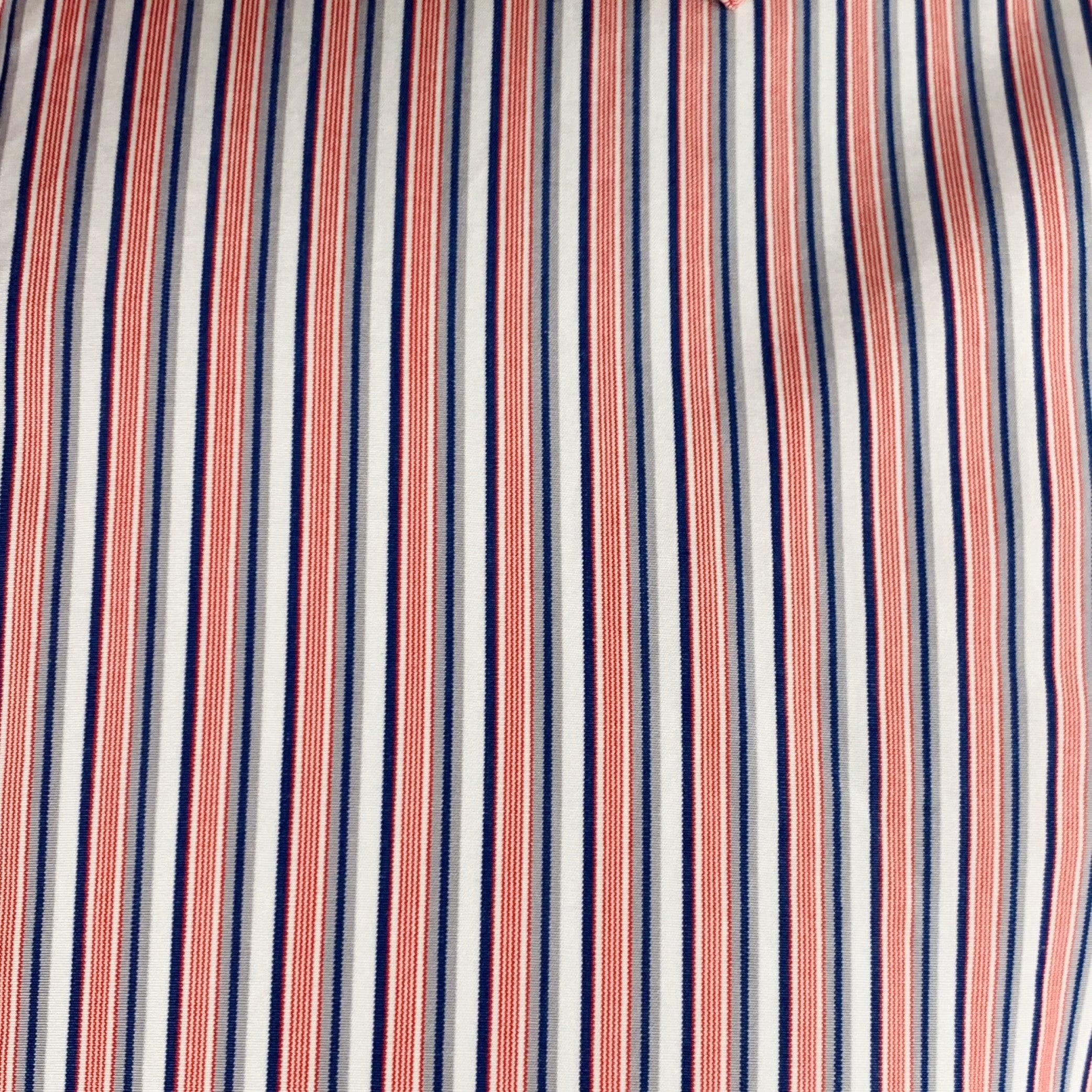 CHARVET long sleeve shirt
in a
red, white, and blue cotton woven fabric featuring a stripe pattern, curved cutaway collar, and button closure. Made in France.Excellent Pre-Owned Condition. 

Marked:   40.5/16 / L 

Measurements: 
 
Shoulder: 17.5