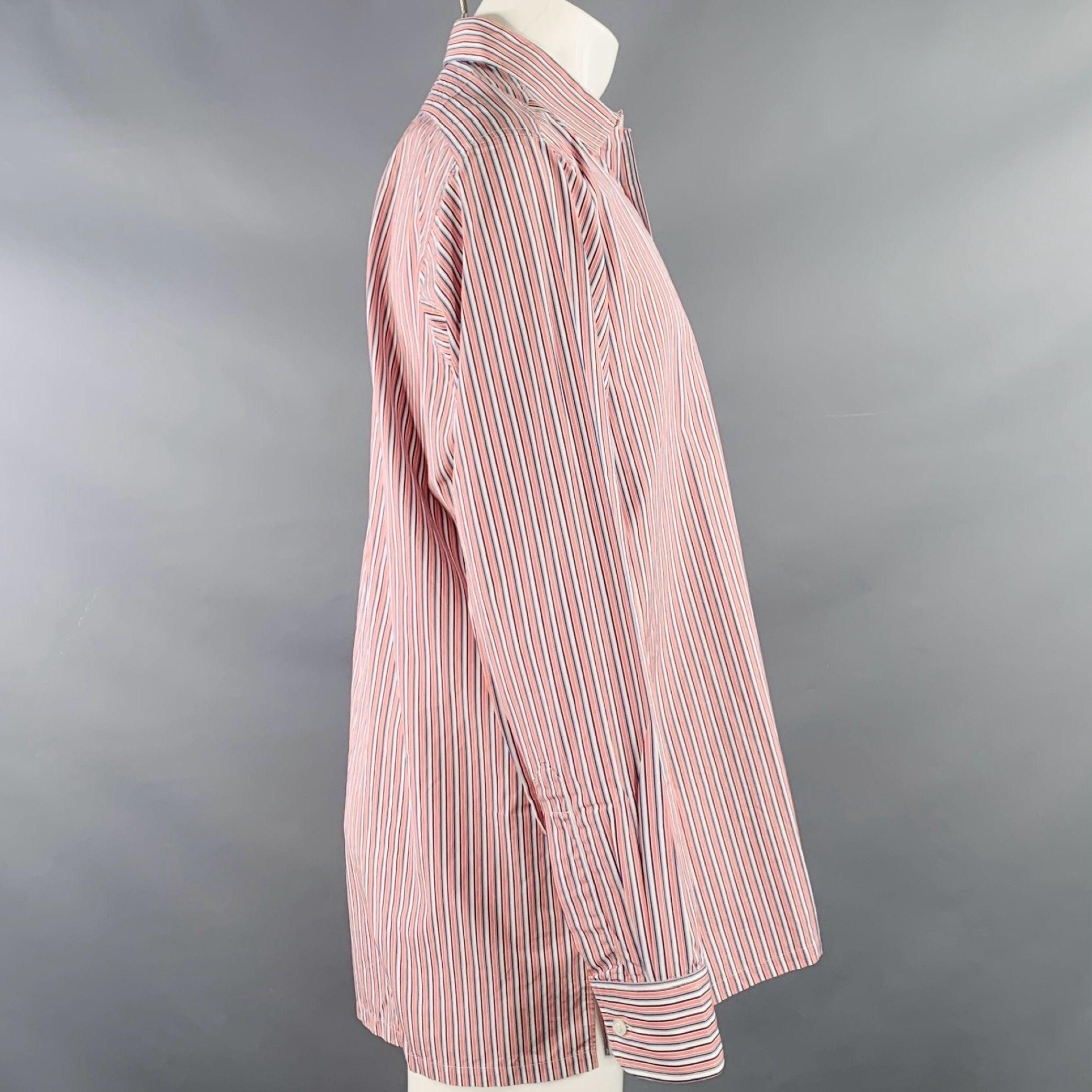 Beige CHARVET Size M/L Red White Blue Stripe Cotton Curved Cutaway Long Sleeve Shirt For Sale