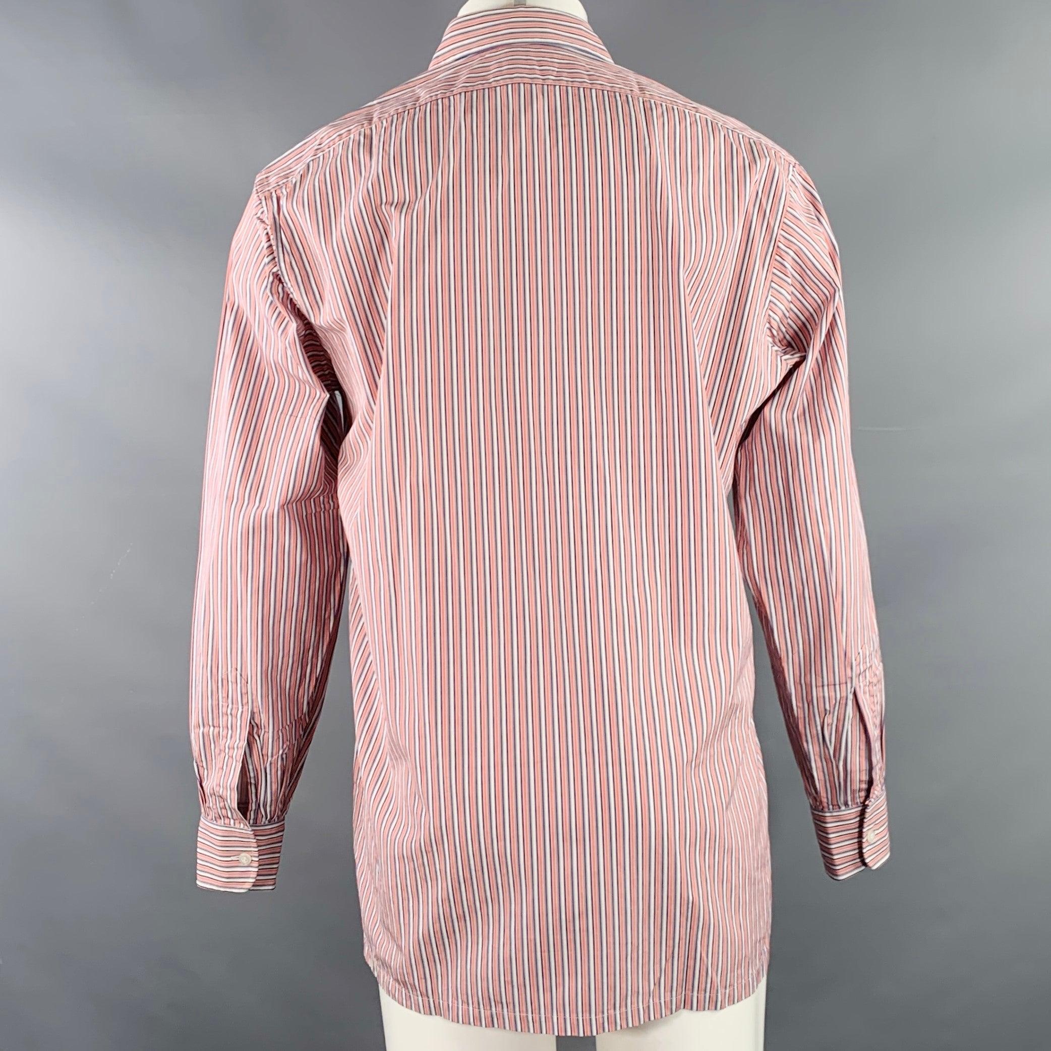 CHARVET Size M/L Red White Blue Stripe Cotton Curved Cutaway Long Sleeve Shirt In Excellent Condition For Sale In San Francisco, CA