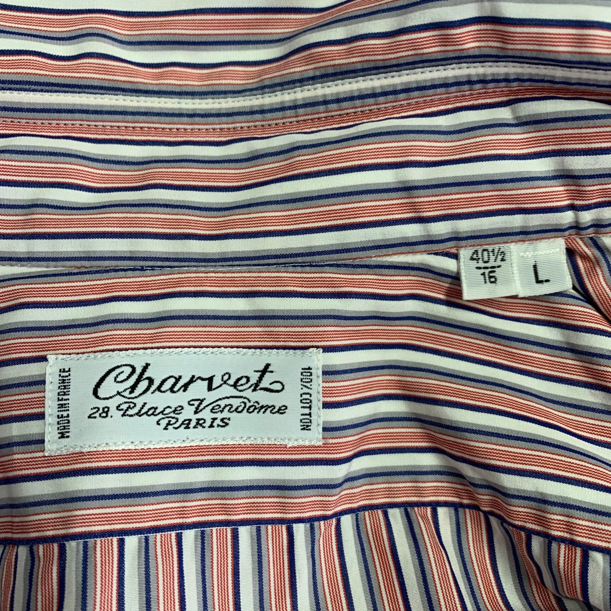 Men's CHARVET Size M/L Red White Blue Stripe Cotton Curved Cutaway Long Sleeve Shirt For Sale