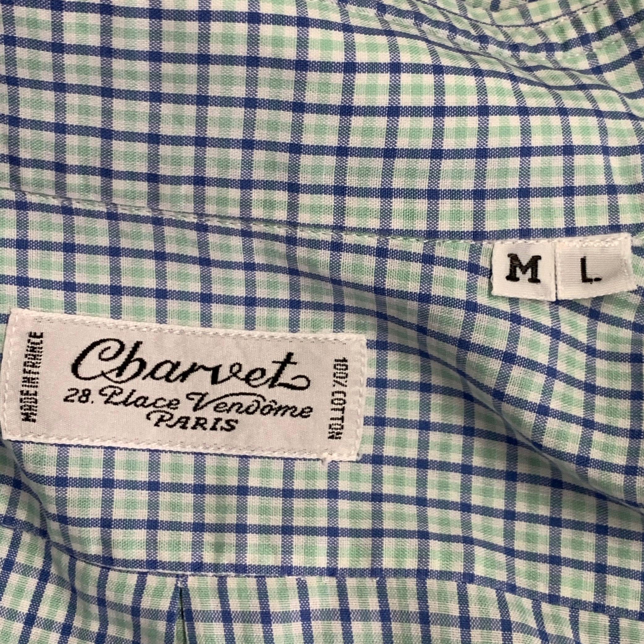 Men's CHARVET Size M/L White Blue Green Checkered Cotton Long Sleeve Shirt For Sale