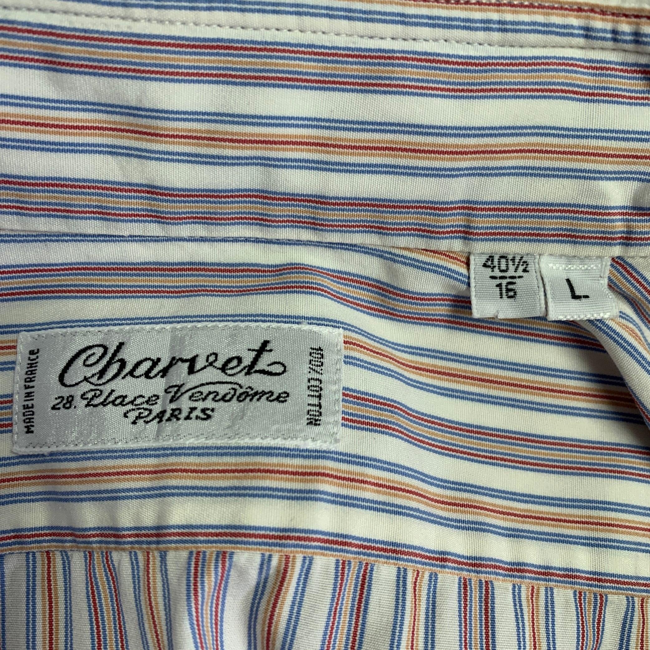 Men's CHARVET Size M/L White Multi Color Stripe Cotton Long Sleeve Shirt For Sale