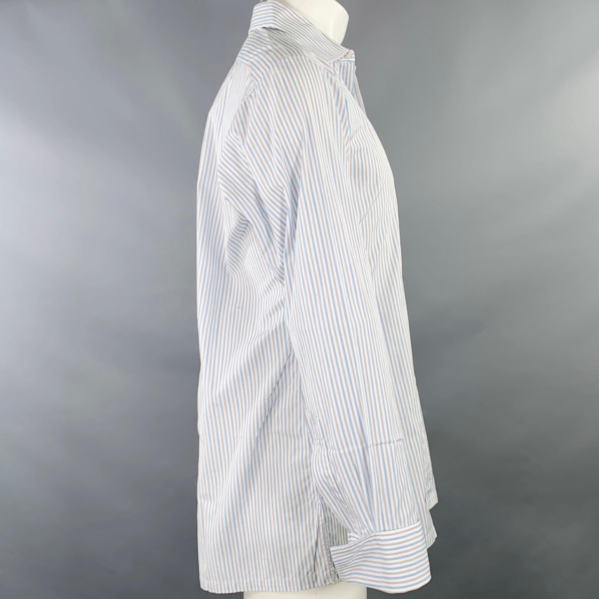 CHARVET long sleeve shirt in a white, blue, and grey cotton woven fabric featuring a stripe pattern, curved cutaway collar, French cuffs, and button closure. Cufflinks not included. Made in France.Excellent Pre-Owned Condition. 

Marked:   40.5/16 /
