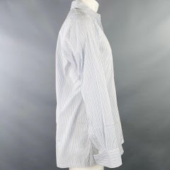 CHARVET Size M White Blue Grey Stripe Cotton Curved Cutaway Long Sleeve Shirt