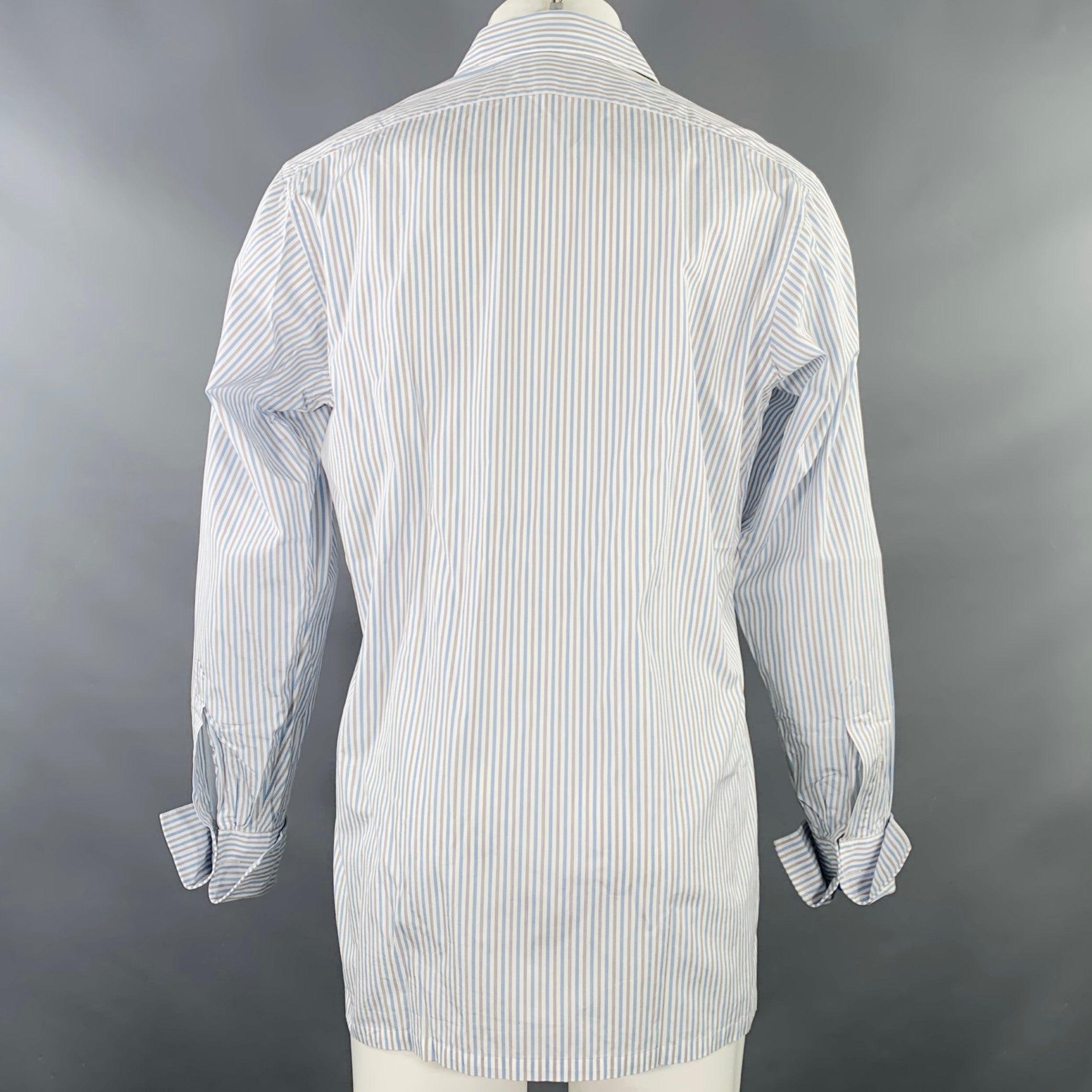 Gray CHARVET Size M White Blue Grey Stripe Cotton Curved Cutaway Long Sleeve Shirt