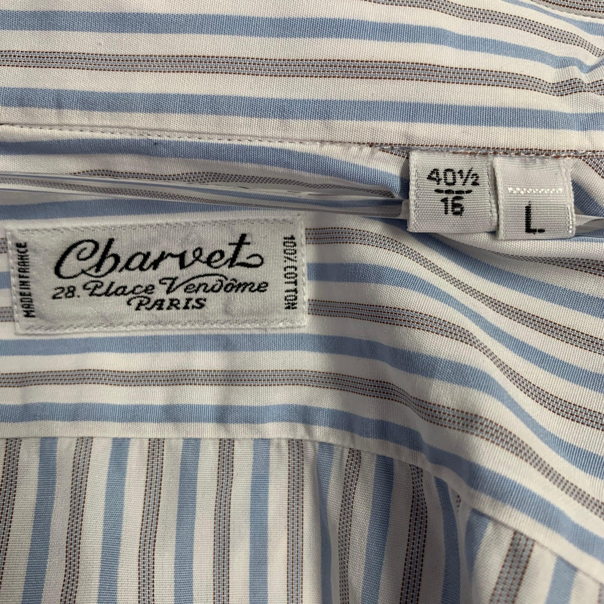 CHARVET Size M White Blue Grey Stripe Cotton Curved Cutaway Long Sleeve Shirt In Excellent Condition In San Francisco, CA