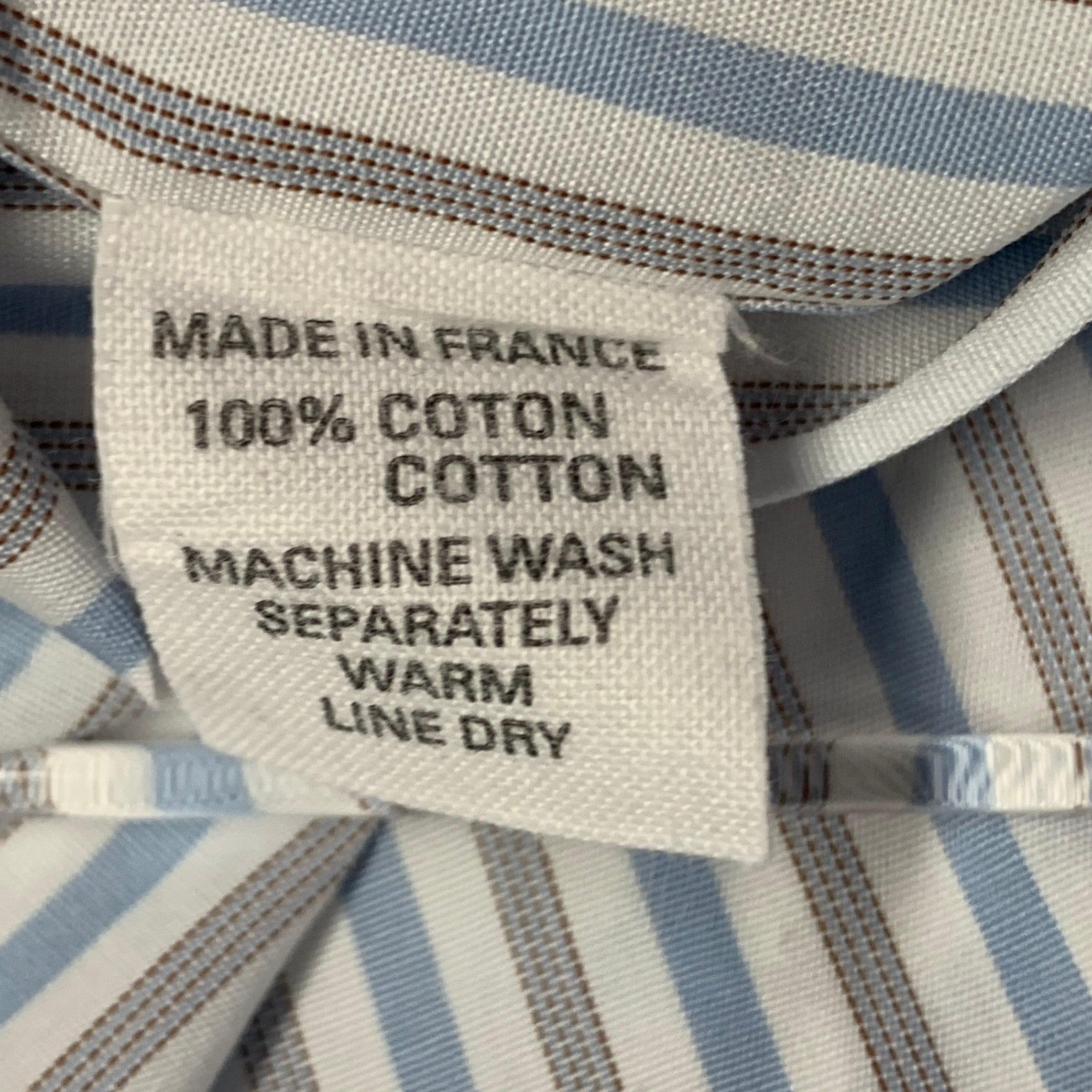 Men's CHARVET Size M White Blue Grey Stripe Cotton Curved Cutaway Long Sleeve Shirt