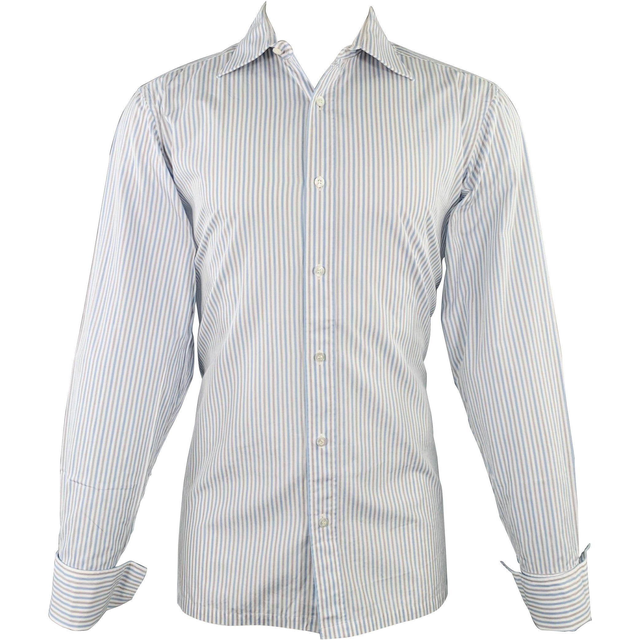 CHARVET Size M White Blue Grey Stripe Cotton Curved Cutaway Long Sleeve Shirt