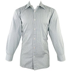 CHARVET Talla M Blanco Verde Gris A Cuadros Camisa Algodón Manga Larga