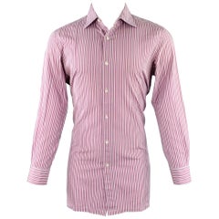CHARVET Talla M Blanco Lila Raya Algodón Corte Curvo Camisa Manga Larga