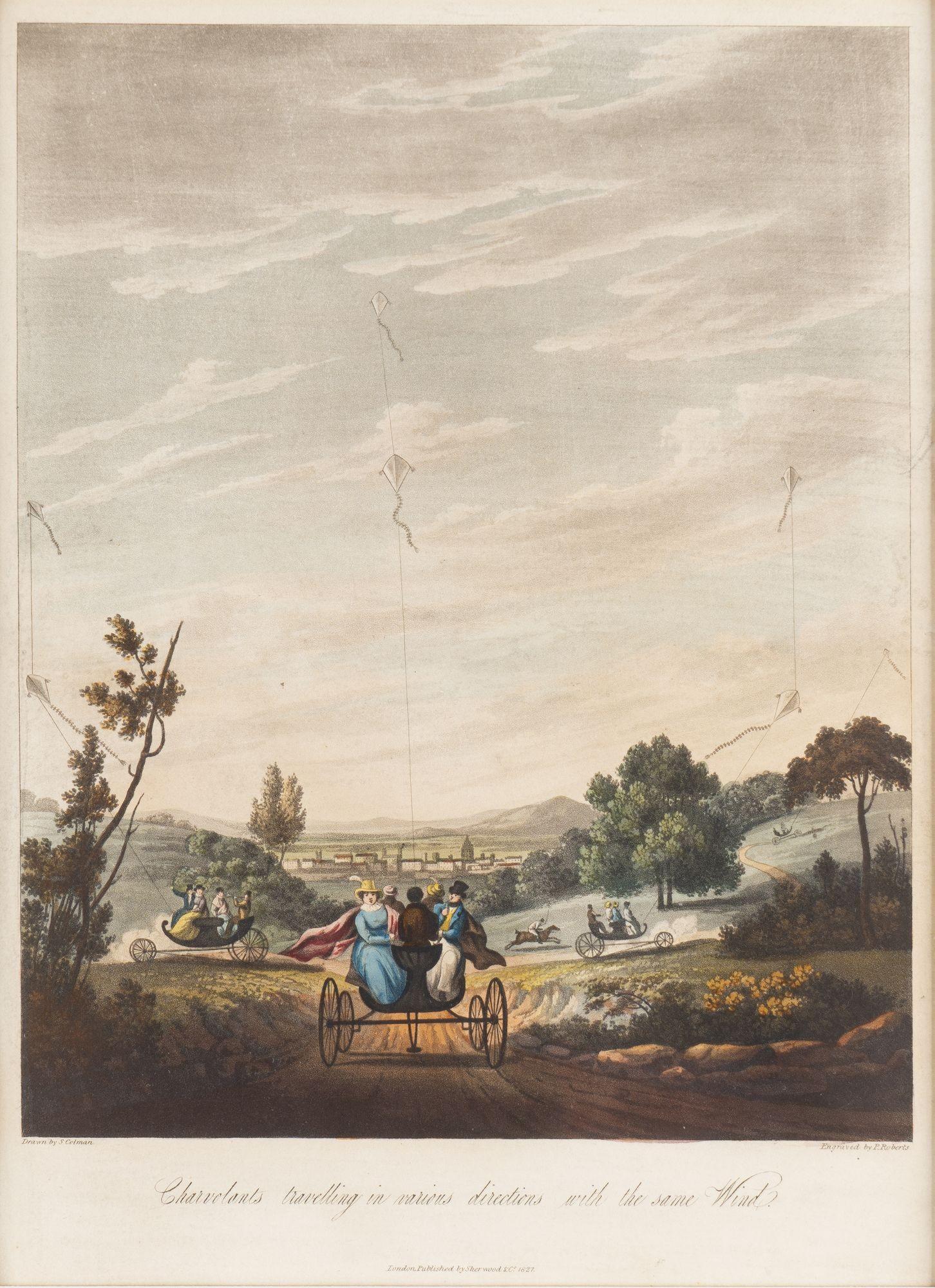 English hand colored engraving of four charvolents (carriages being pulled by kites) travelling through the countryside above a small town.

The charvolent was an invention of an English schoolteacher named George Pocock who patented his design in