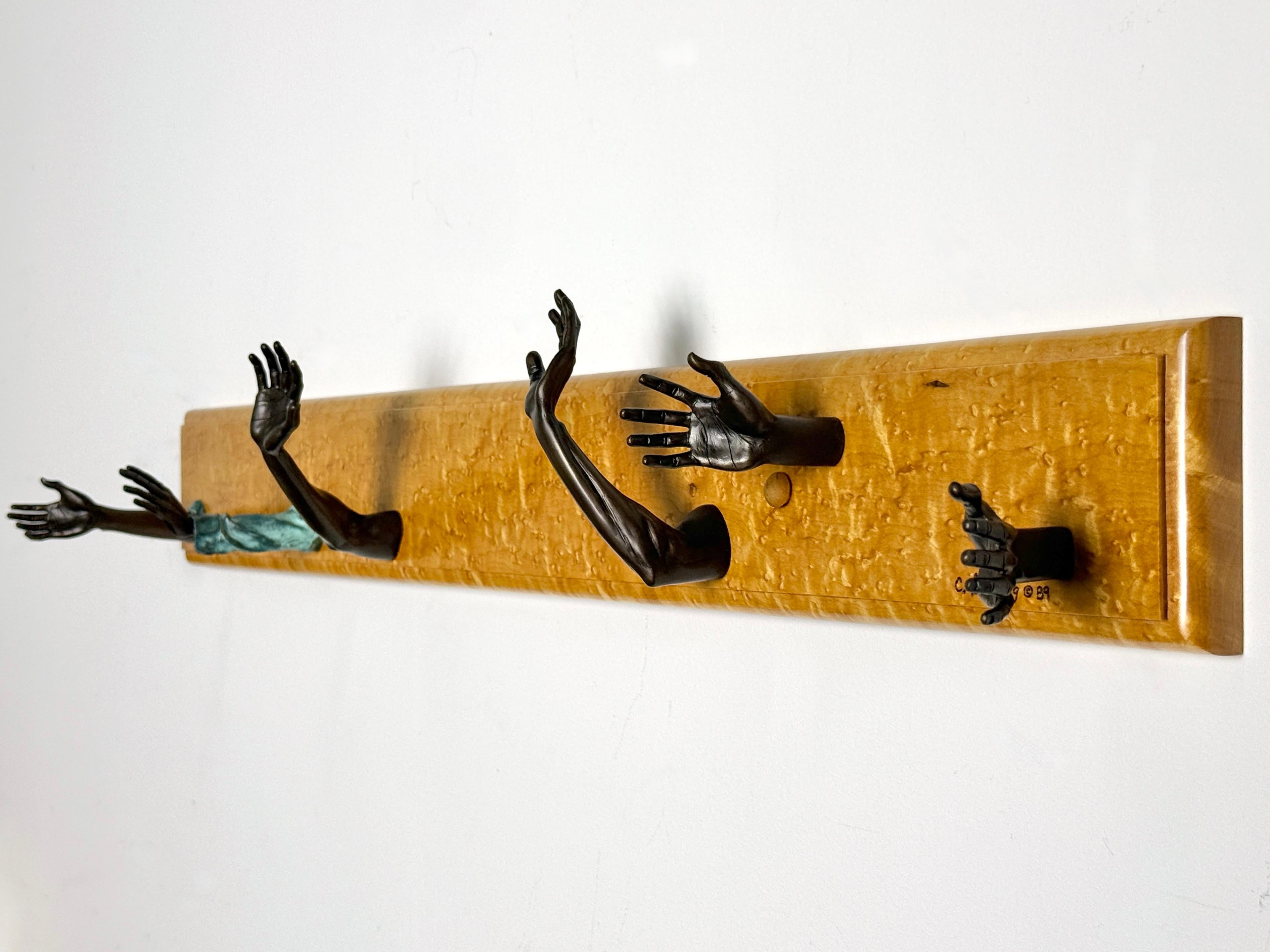 Chas Gerding American Studio Craft Bronze Hand Hooks Coat Rack in Birdseye Maple In Good Condition For Sale In Troy, MI