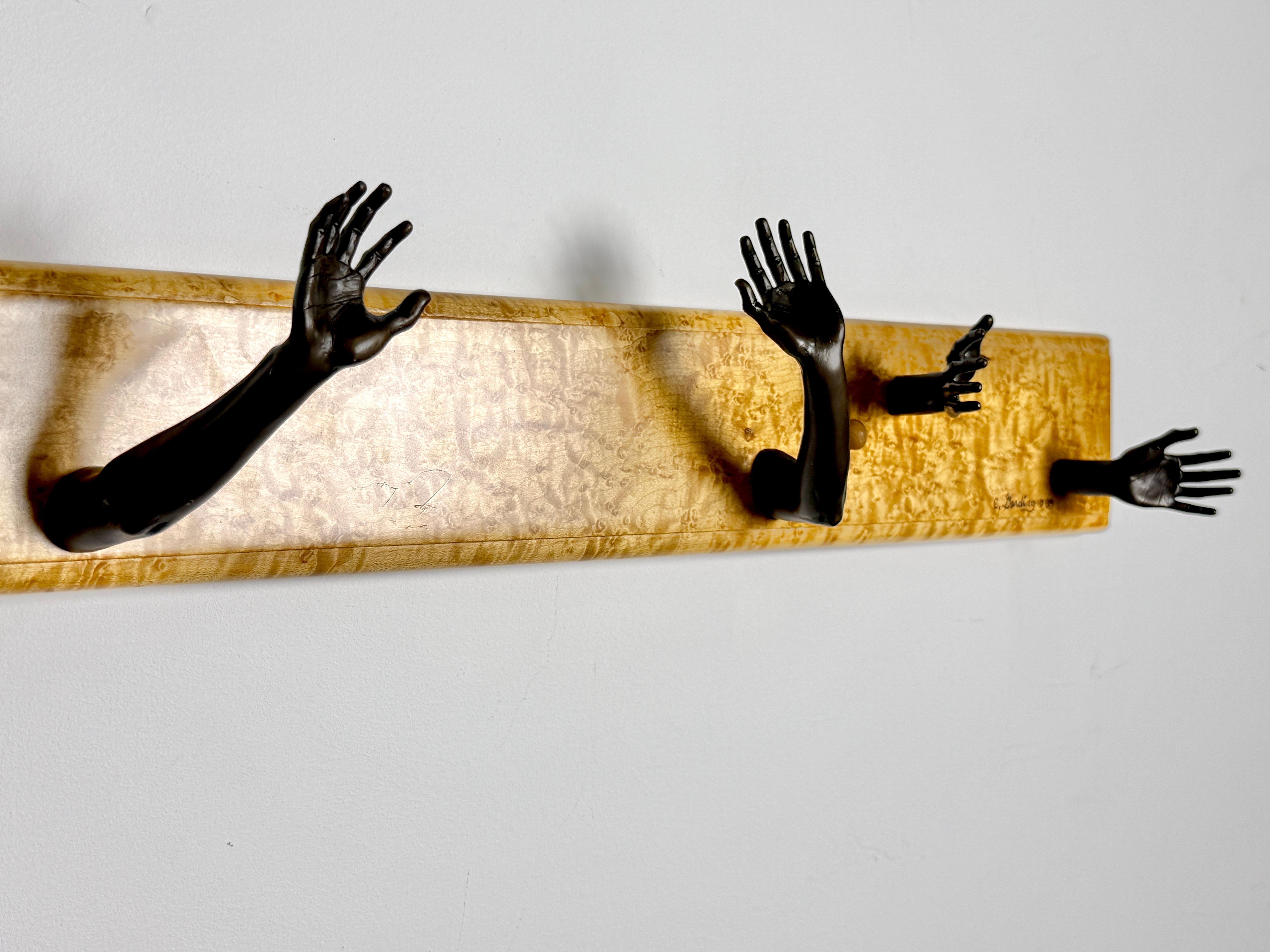 20th Century Chas Gerding American Studio Craft Bronze Hand Hooks Coat Rack in Birdseye Maple For Sale