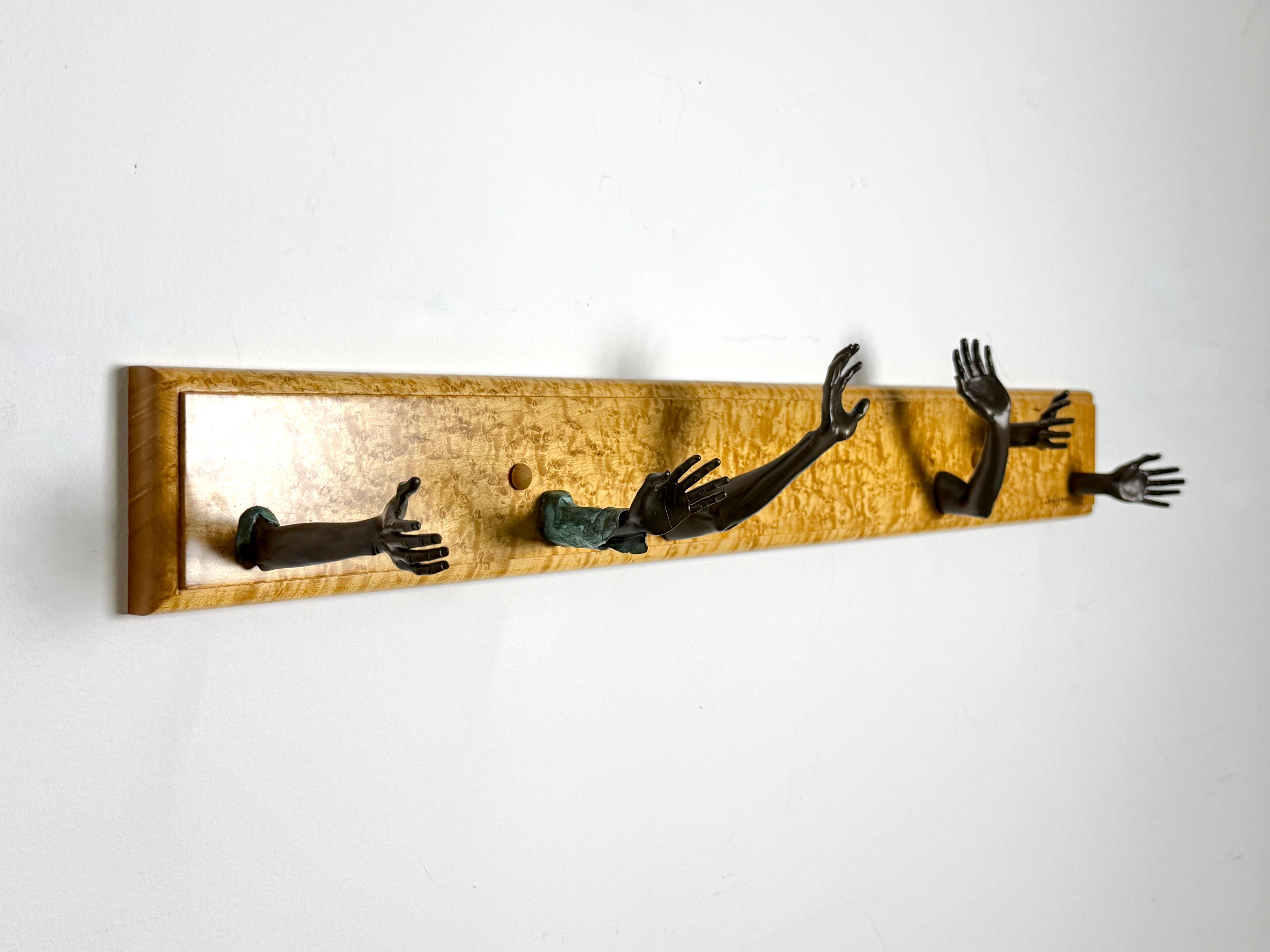 Chas Gerding American Studio Craft Bronze Hand Hooks Coat Rack in Birdseye Maple For Sale 1