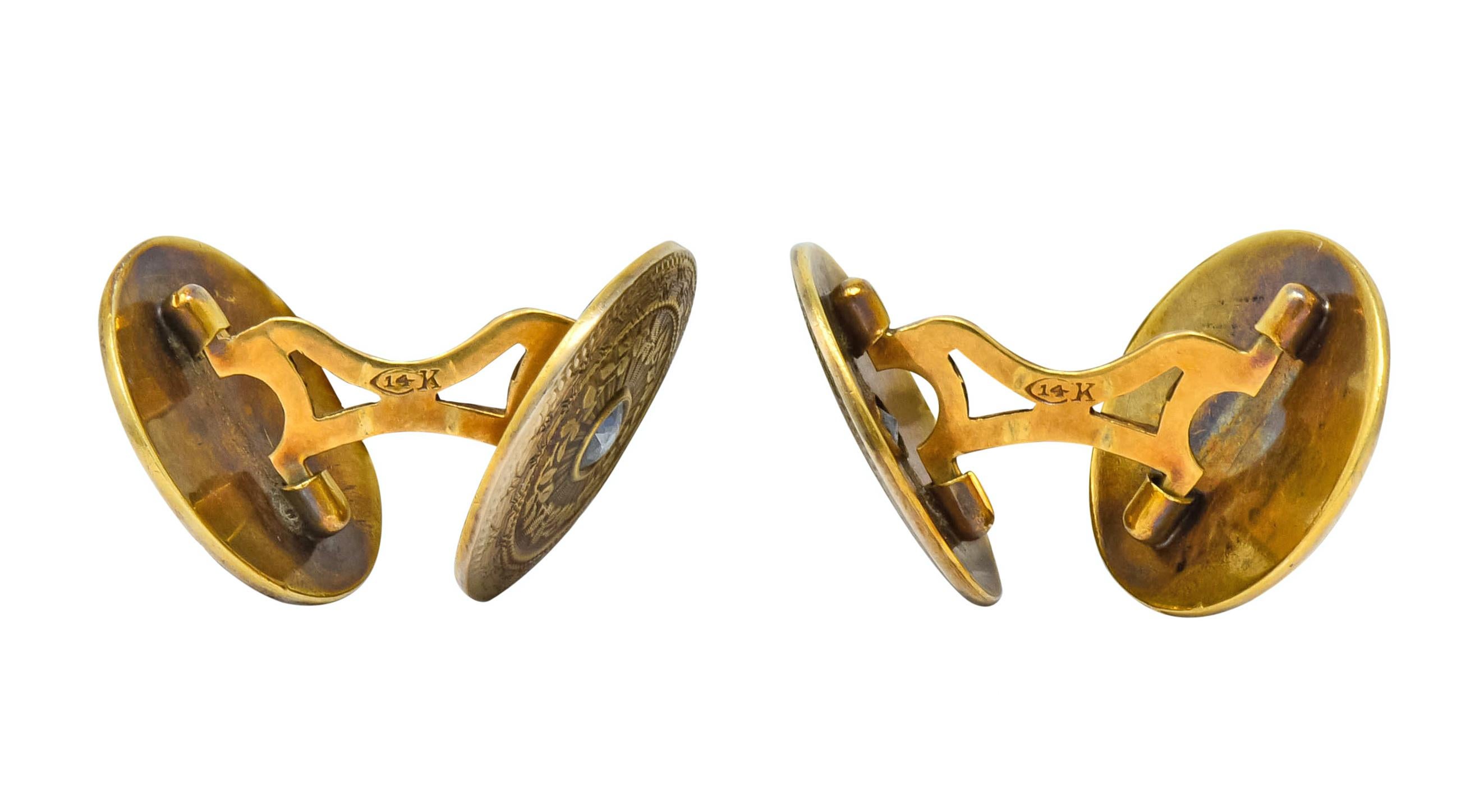 Chas. Keller Co. Art Deco Sapphire 14 Karat Gold Men's Disk Cufflinks In Excellent Condition In Philadelphia, PA
