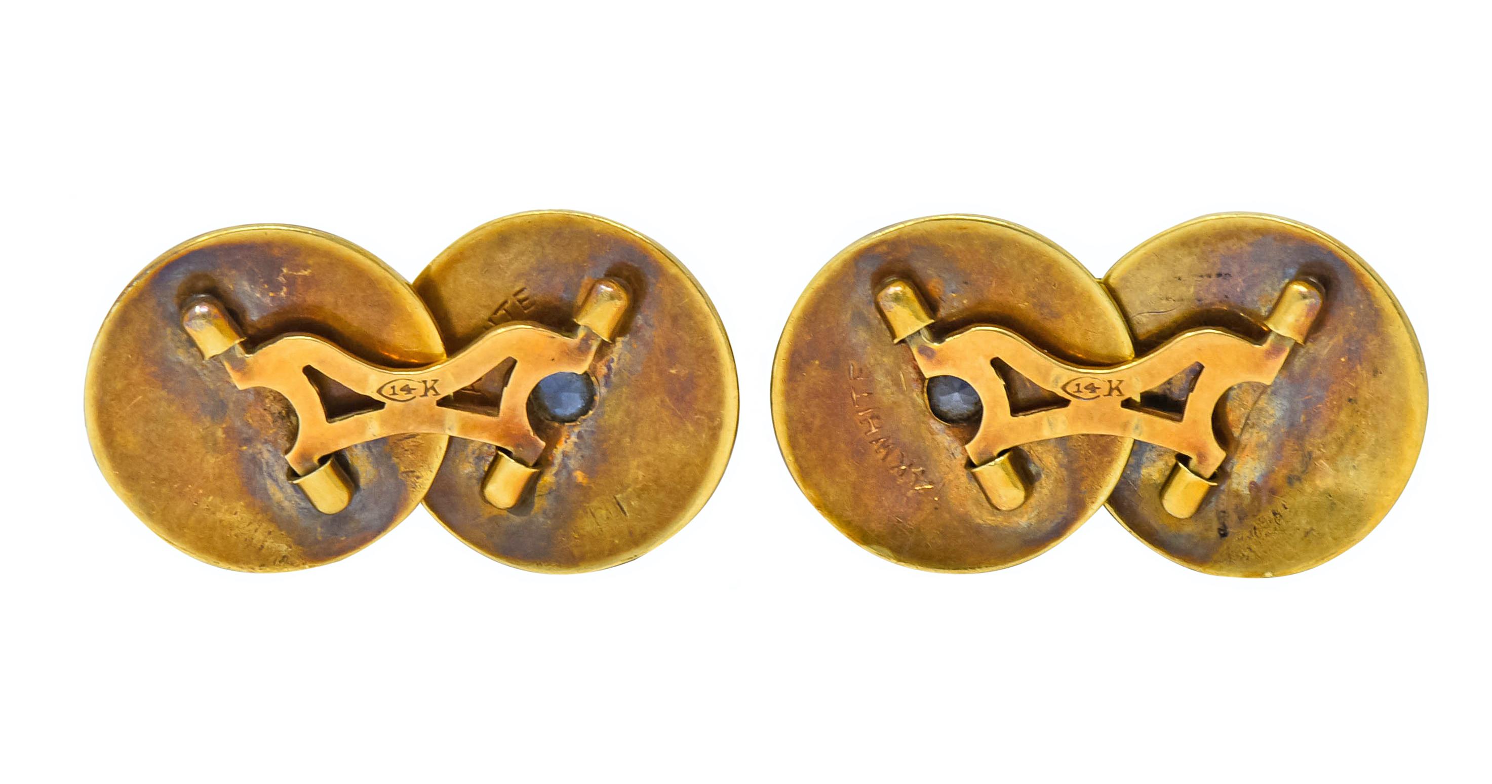 Chas. Keller Co. Art Deco Sapphire 14 Karat Gold Men's Disk Cufflinks 1