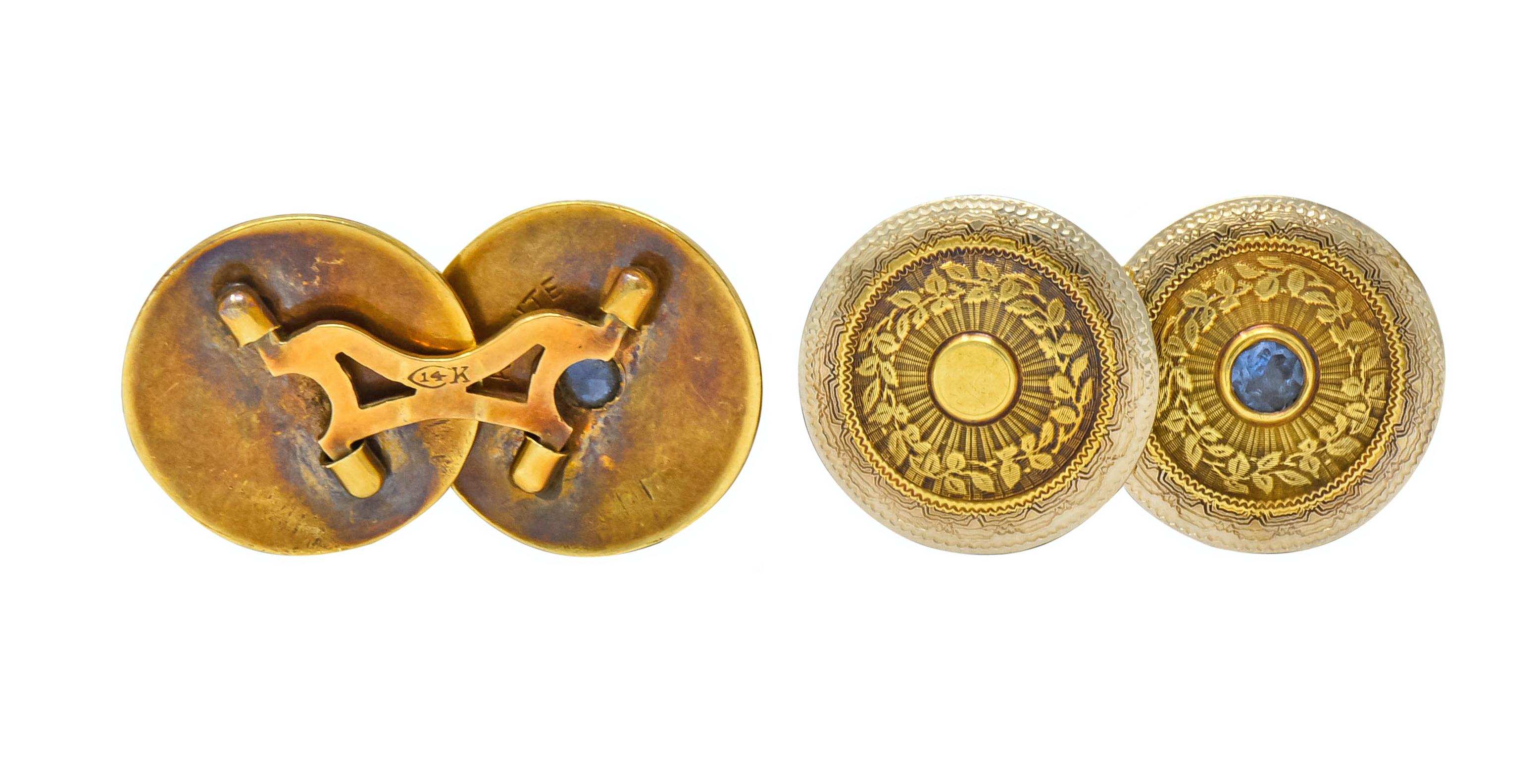 Chas. Keller Co. Art Deco Sapphire 14 Karat Gold Men's Disk Cufflinks 3
