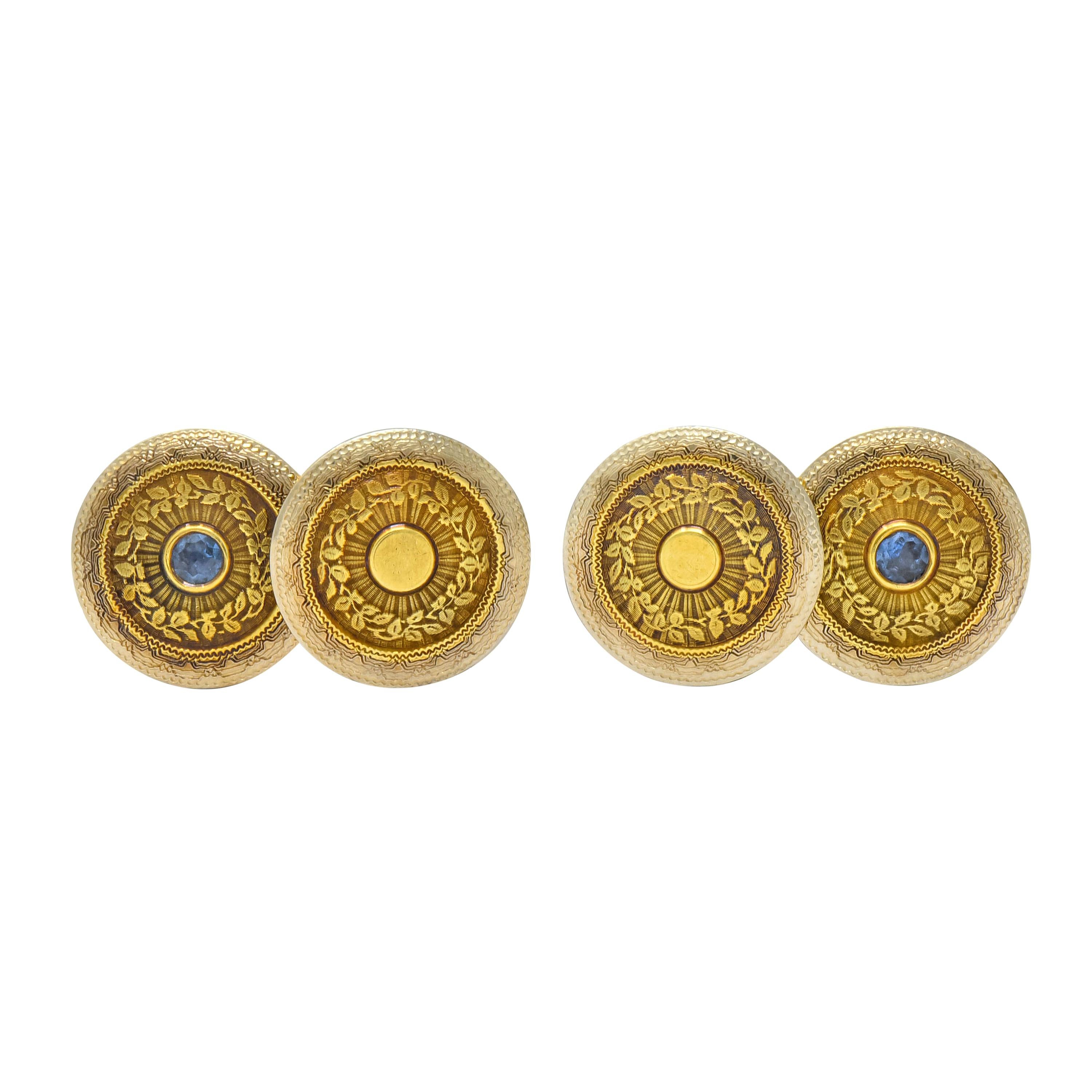 Chas. Keller Co. Art Deco Sapphire 14 Karat Gold Men's Disk Cufflinks
